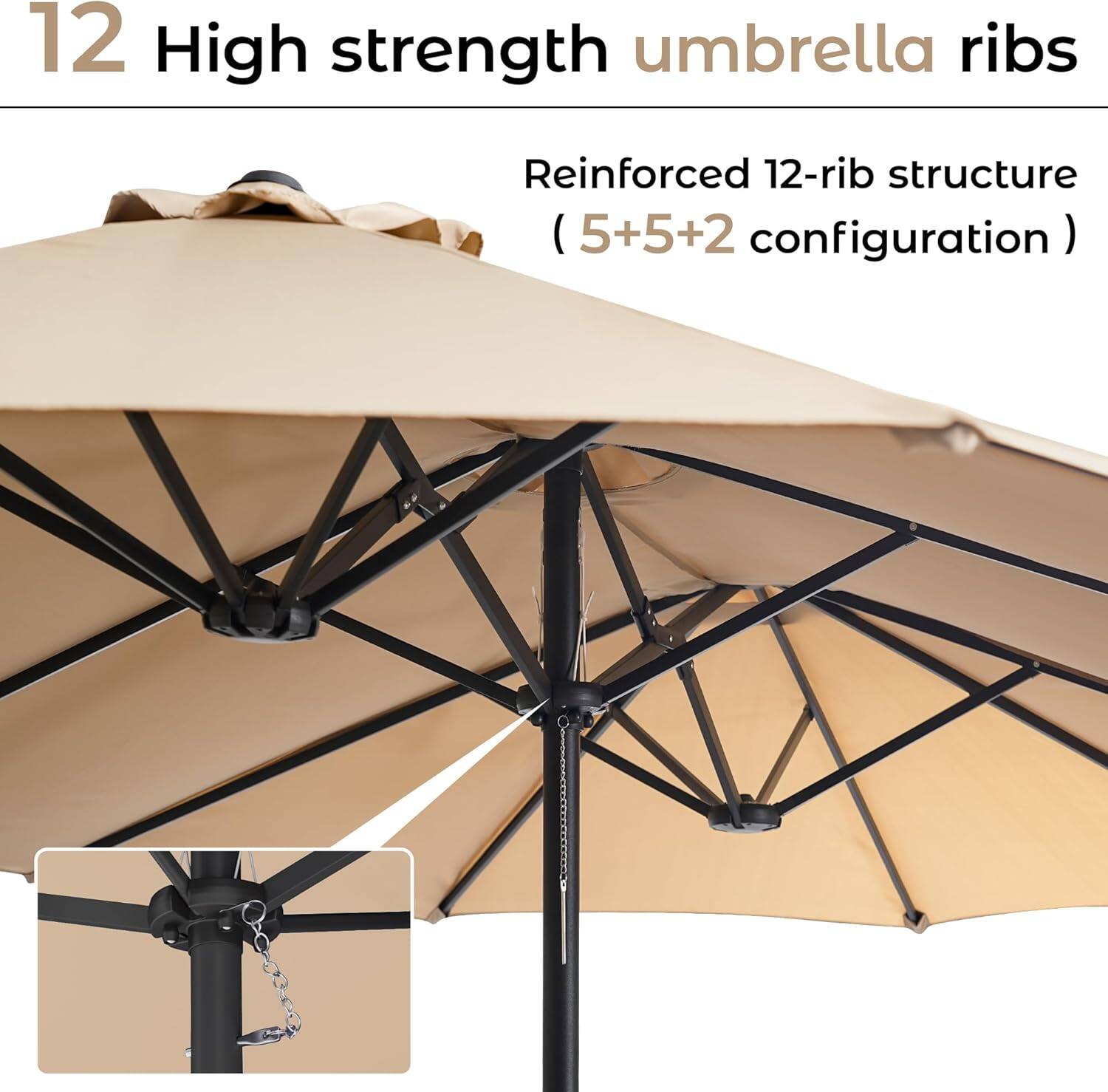12 High strength umbrella ribs  
Reinforced 12-rib structure (5+5+2 configuration)