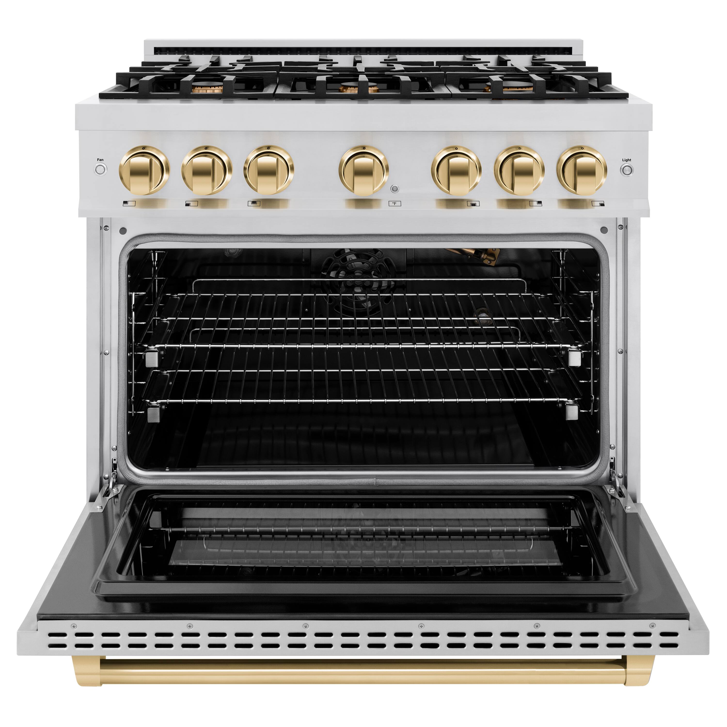 Left. ZLINE - ZLINE Autograph Edition 36 in. 5.2 cu. ft. Freestanding Select Gas Range w/ 6 Burners & Polished Gold Accents - Stainless Steel.