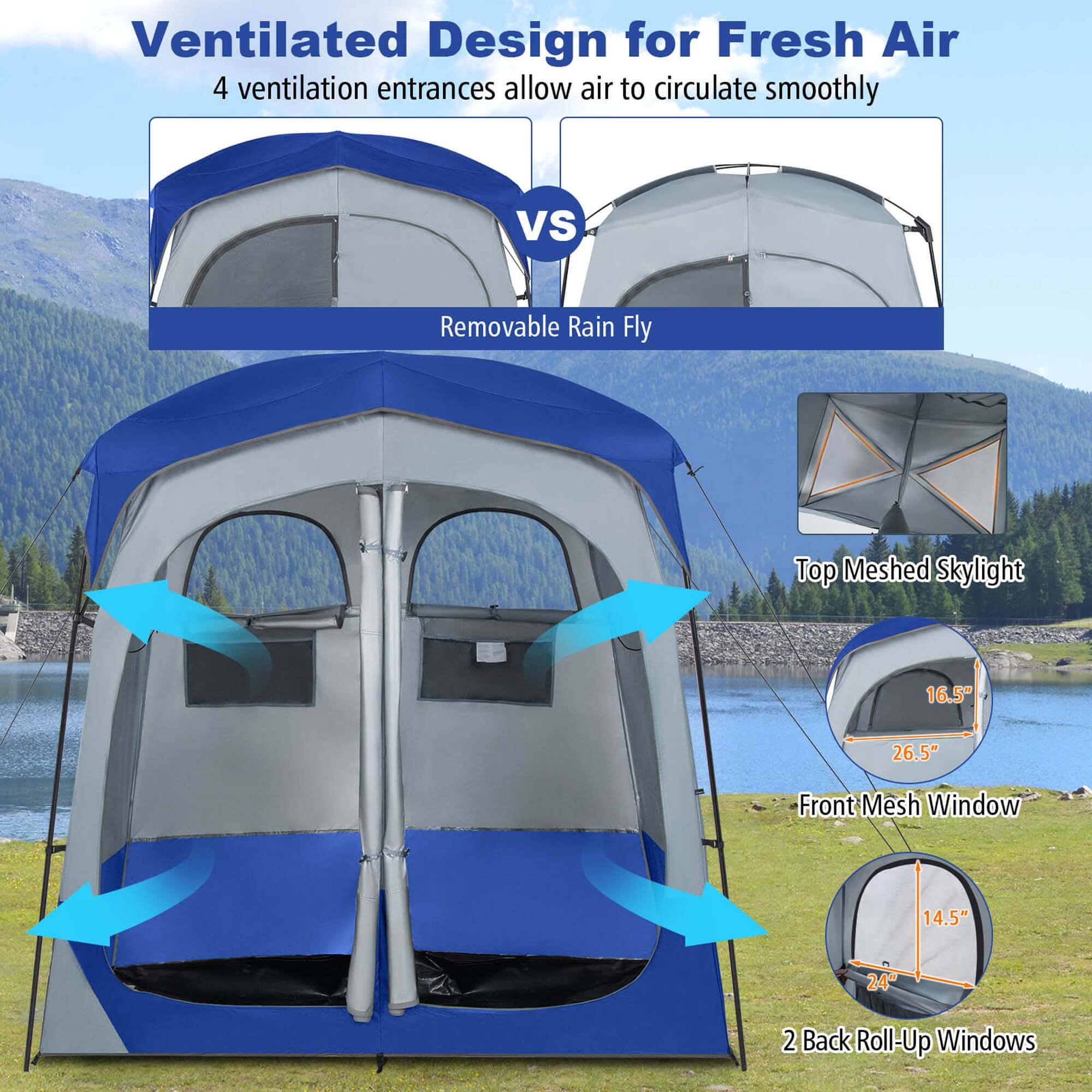 Ventilated Design for Fresh Air  
4 ventilation entrances allow air to circulate smoothly  

VS  
Removable Rain Fly  

Top Meshed Skylight  
16.5" x 26.5"  

Front Mesh Window  
14.5" x 24"  

2 Back Roll-Up Windows