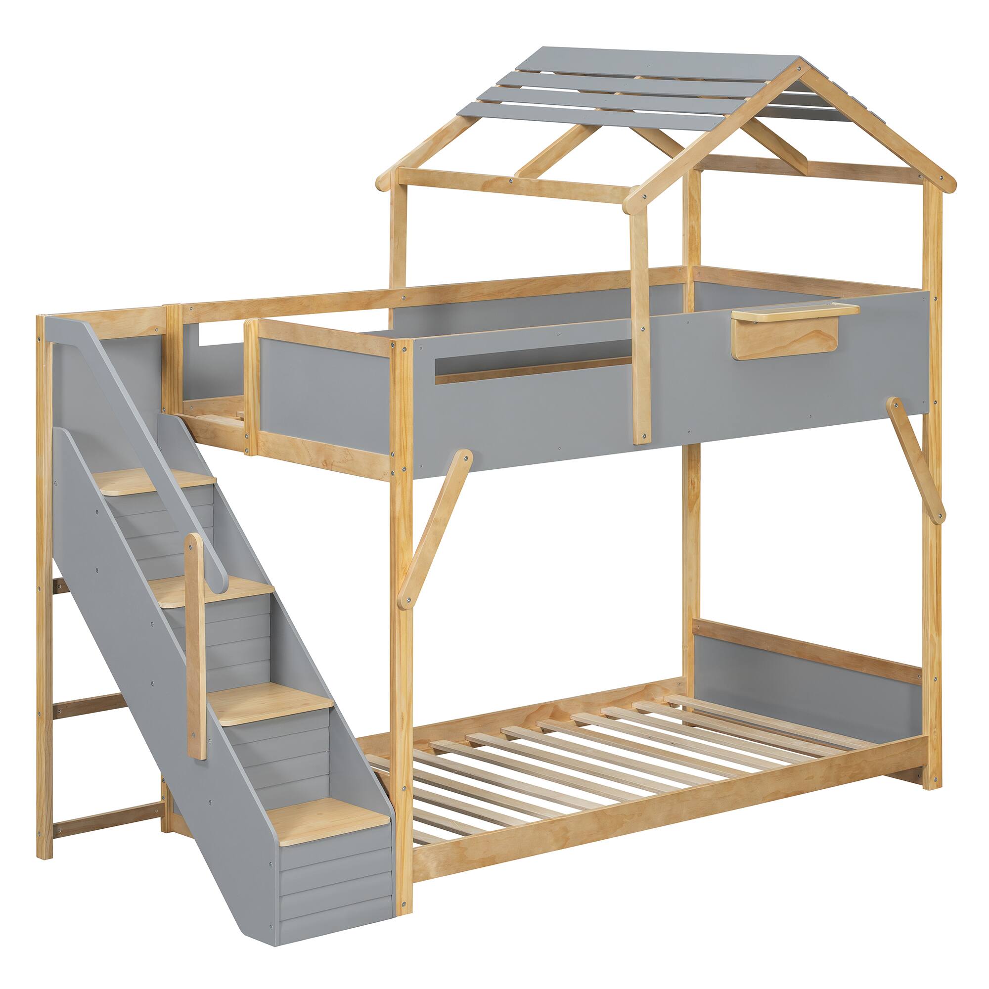 Left. Anysun - Twin over Twin House Bunk Bed with Stairs and 3-Color LED Lights - Grey.