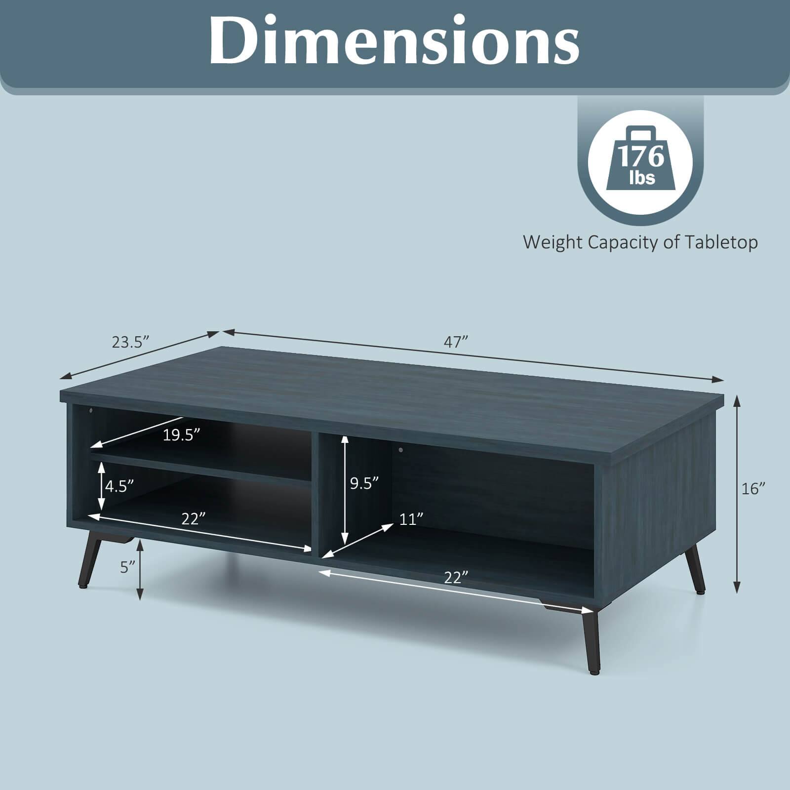 Dimensions:
- Weight Capacity of Tabletop: 176 lbs
- Tabletop: 47" x 23.5"
- Lower Shelf: 47" x 19.5"
- Drawer: 22" x 11"
- Side Shelves: 9.5" x 16"
- Height: 5" (legs) + 4.5" (tabletop)