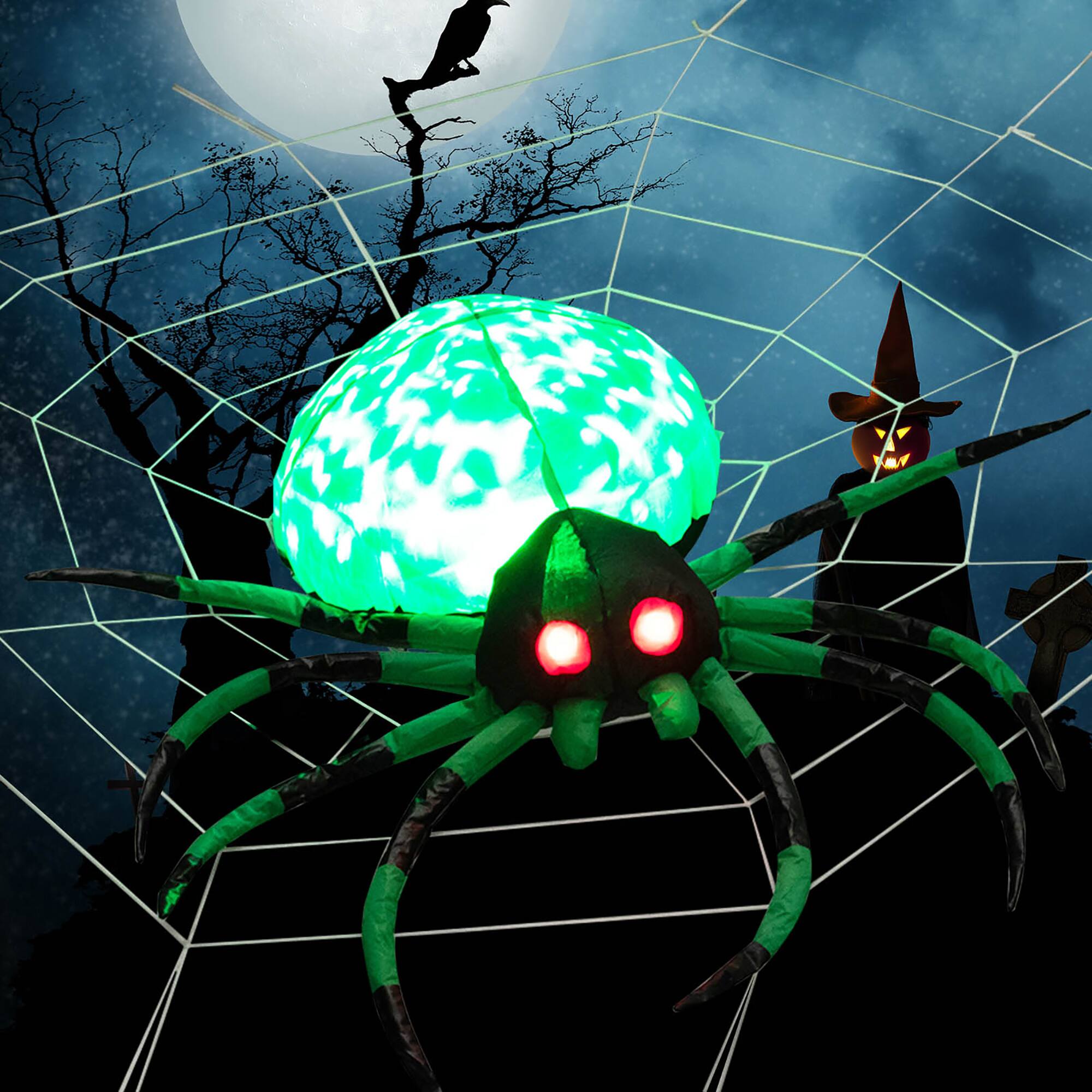 Front. Costway - 5 FT Long Halloween Inflatable Spider with White Net Yard Decor w/Rotating Light - Green.