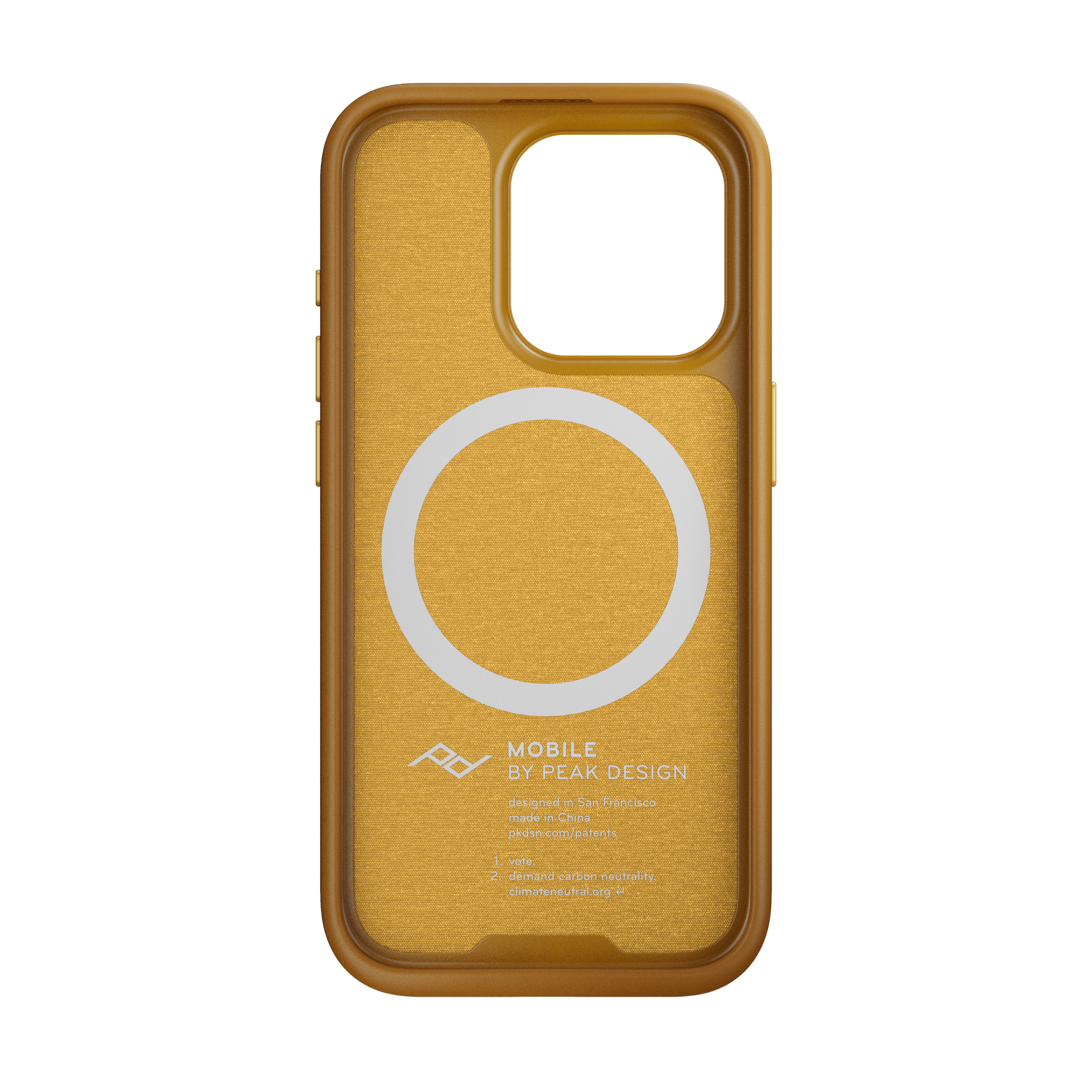 The image features a yellow cell phone case with a white circle on it. The case is made by Peak Design and is designed in San Francisco. The case is made in China and is available for purchase at pkdsn.com/patents. The case is also advertised as being made from sustainable materials.