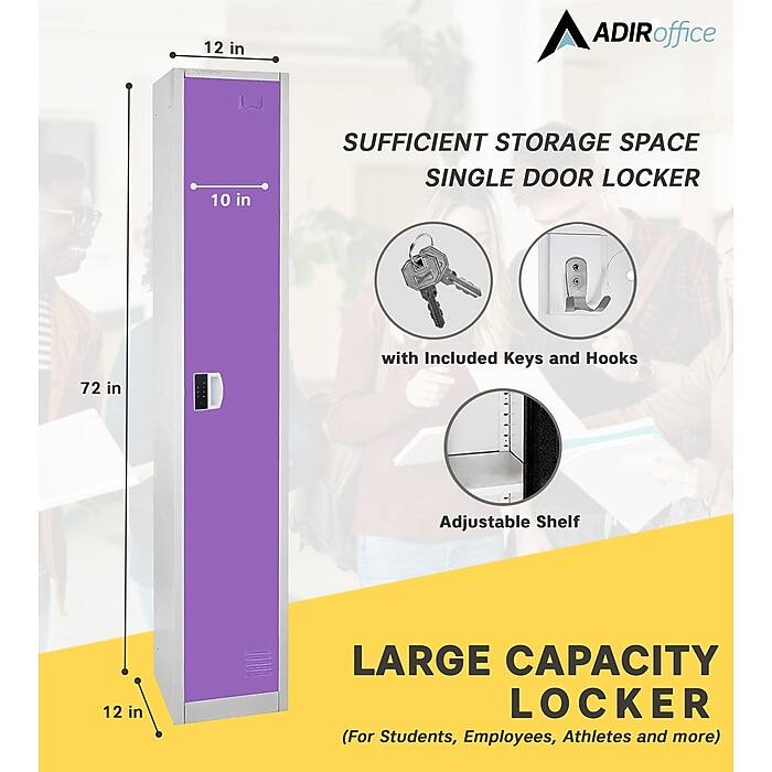 ADIRoffice
SUFFICIENT STORAGE SPACE SINGLE DOOR LOCKER
72 in
with Included Keys and Hooks
Adjustable Shelf
LARGE CAPACITY LOCKER (For Students, Employees, Athletes and more)
12 in
10 in