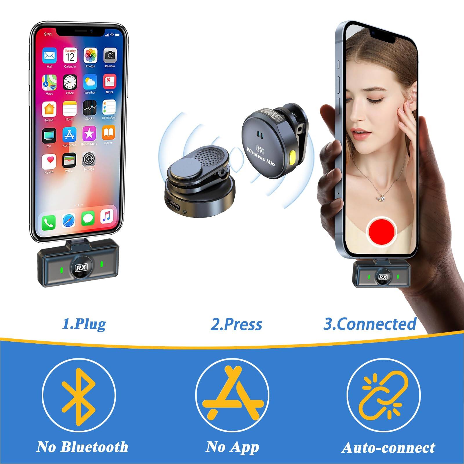 941 I Mal Secaay 12 handa Poton dam N MArE - Vunter Sws MA - Socka e TV meath A sp H n20 SANe Nmeat Au Wireless X) Mic RX RX

1. Plug
2. Press A
3. Connected Auto-connect

No Bluetooth
No App
Auto-connect