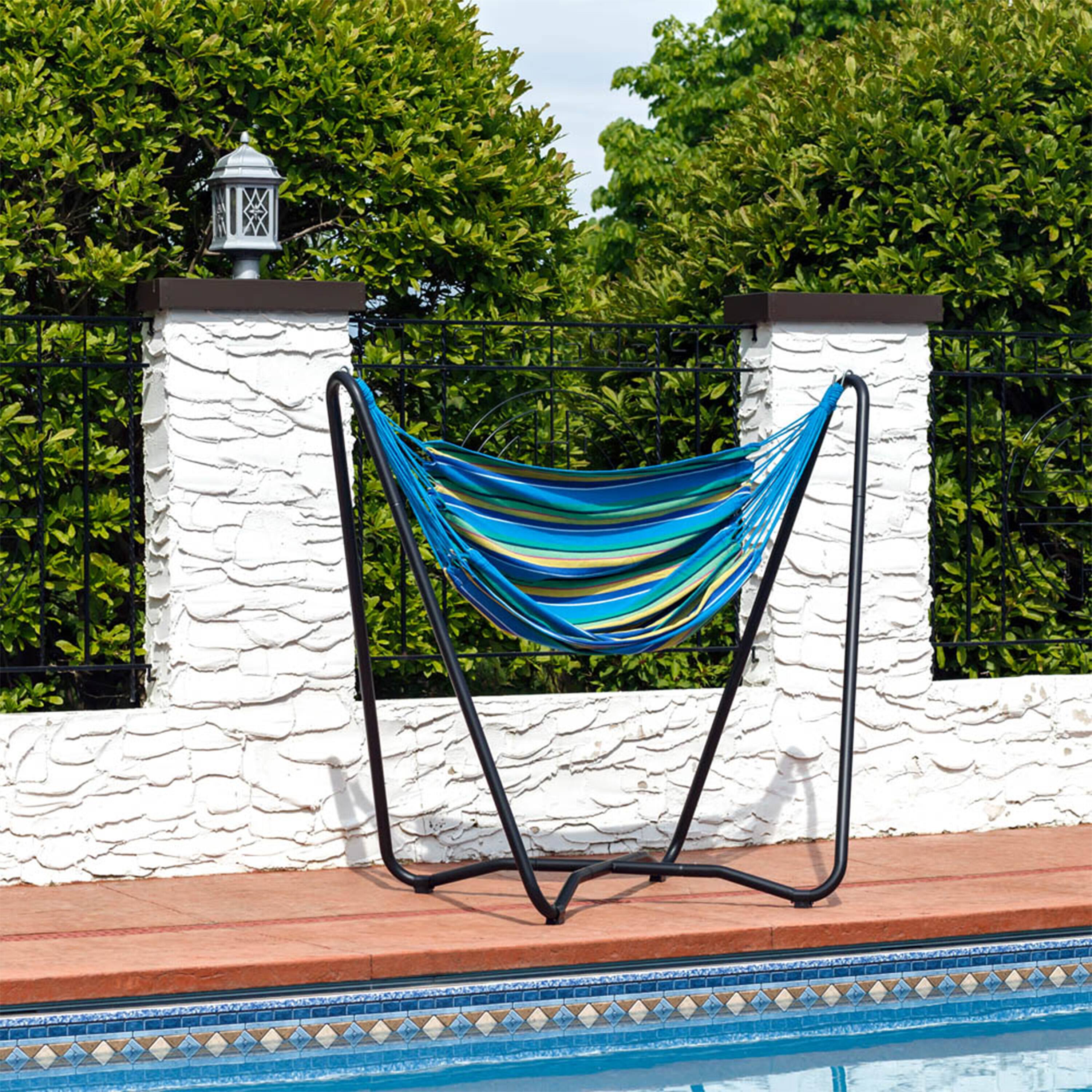 Alt View 3. Sunnydaze - Cotton Hammock Chair with Space Saving Steel Stand - Ocean Breeze.