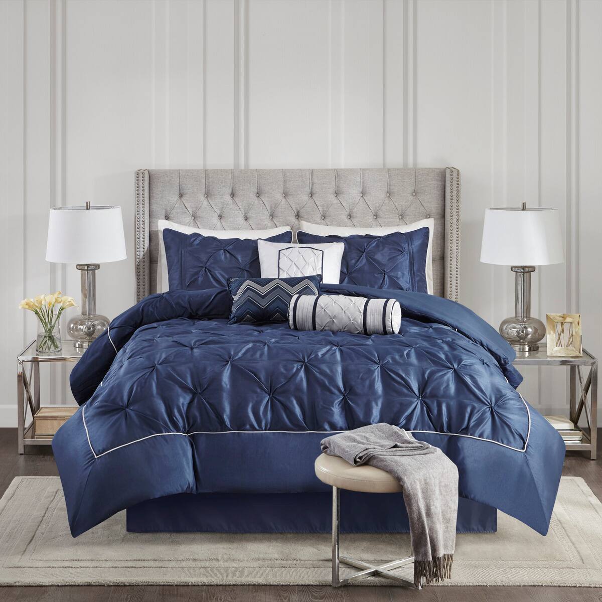Alt View 5. Aukfa - 7 Piece Tufted Comforter Set Cal King - Navy.