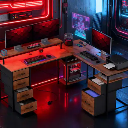 Front. Aukfa - Corner Desk with File Drawer, Power Outlets and LED Lights,For Home and Office - Brown.