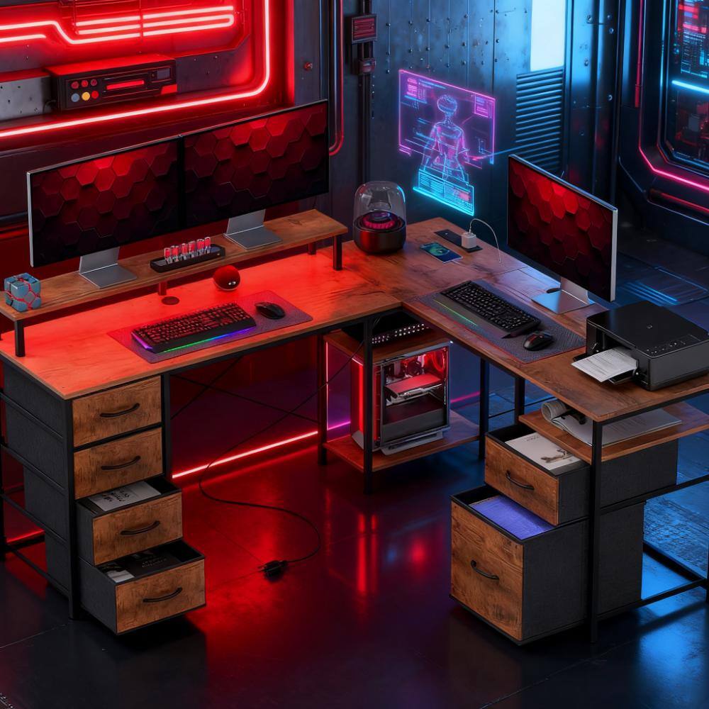 Front. Aukfa - Corner Desk with File Drawer, Power Outlets and LED Lights,For Home and Office - Brown.