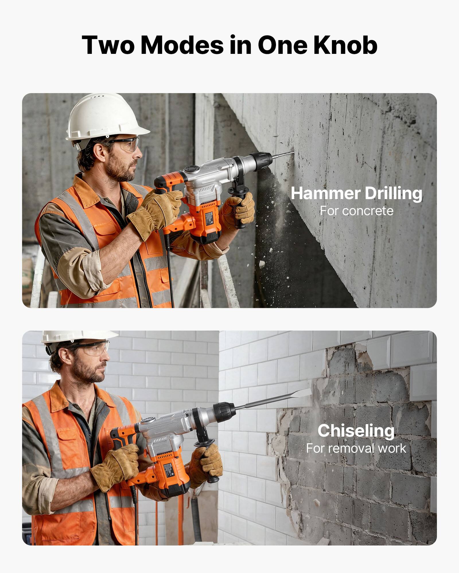 Two Modes in One Knob

Hammer Drilling  
For concrete

Chiseling  
For removal work