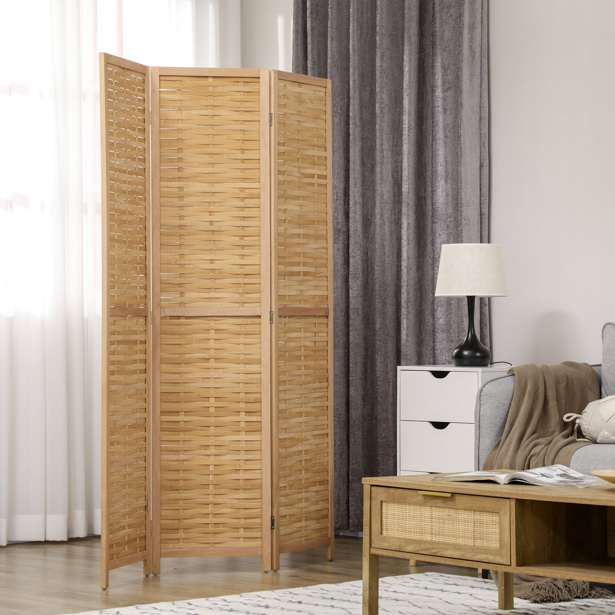Alt View 1. Homcom - Room Divider, Bamboo Portable Folding Privacy Screens, Hand-Woven Double Side Partition Wall Dividers for Home Office - Natural Wood.