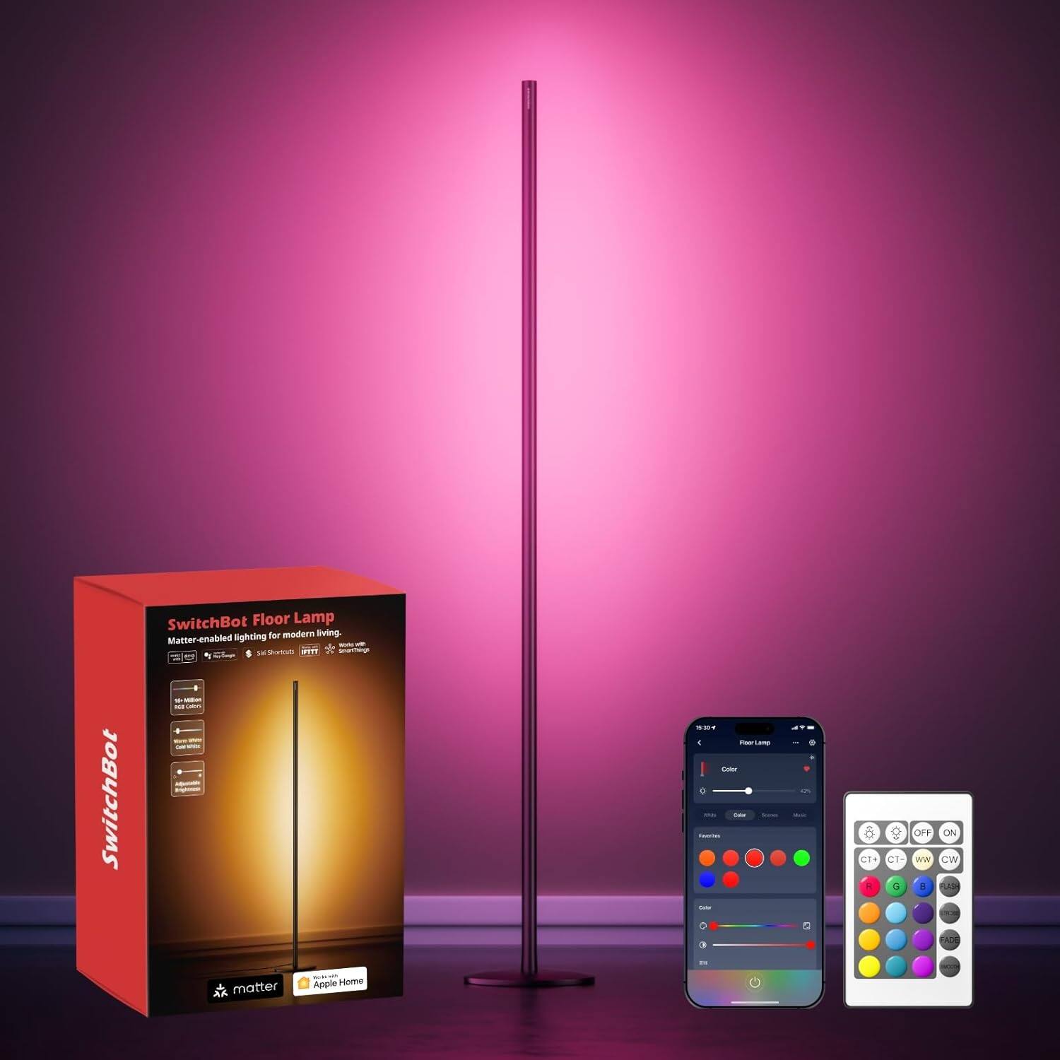 SwitchBot Floor Lamp
Matter-enabled lighting for modern living.
- 270° Rotation
- 360° Swinging
- 100% Dimmable
- Color Changing
- 16 Million Colors
- 2700K-6500K CCT
- 100% CRI
SwitchBot
matter
Apple Home
Color
- Warm White
- Cool White
- Color
- Color Temperature
- Brightness
Features
- Color
- Color Temperature
- Brightness
ON
OFF
CT
T
W
CW
CCT
CRI
RGB
HSL
HSV
HEX
HUE
SAT
VAL
BRI
ON
OFF
CT
T
W
CW
CCT
CRI
RGB
HSL
HSV
HEX
HUE
SAT
VAL
BRI