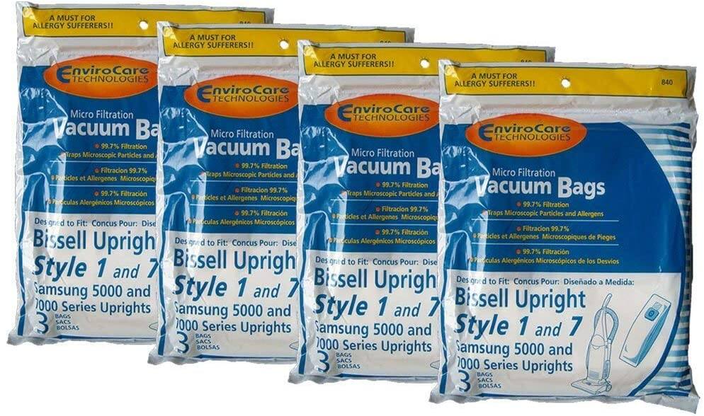 A MUST FOR ALLERGY SUFFERERS!!  
EnviroCare TECHNOLOGIES  
Micro Filtration Vacuum Bags  
99.7% Filtration  
Traps Microscopic Particles and Allergens  
Designed to Fit: Bissell Upright Style 1 and 7  
Samsung 5000 and 7000 Series Uprights  
3 BAGS