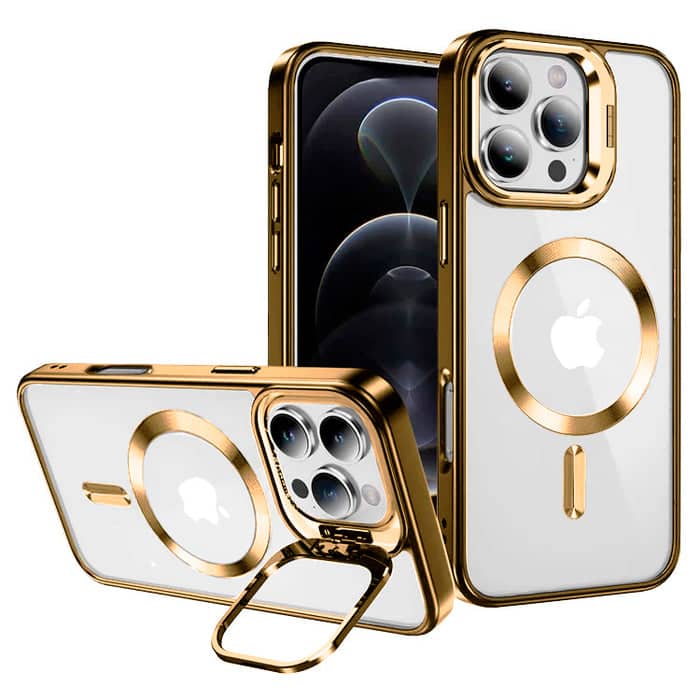 Front. Entronix - Entronix Magnetic iPhone 16 Pro Max Case - Clear Back Glossy Cover with Built-In Camera Stand - Gold.