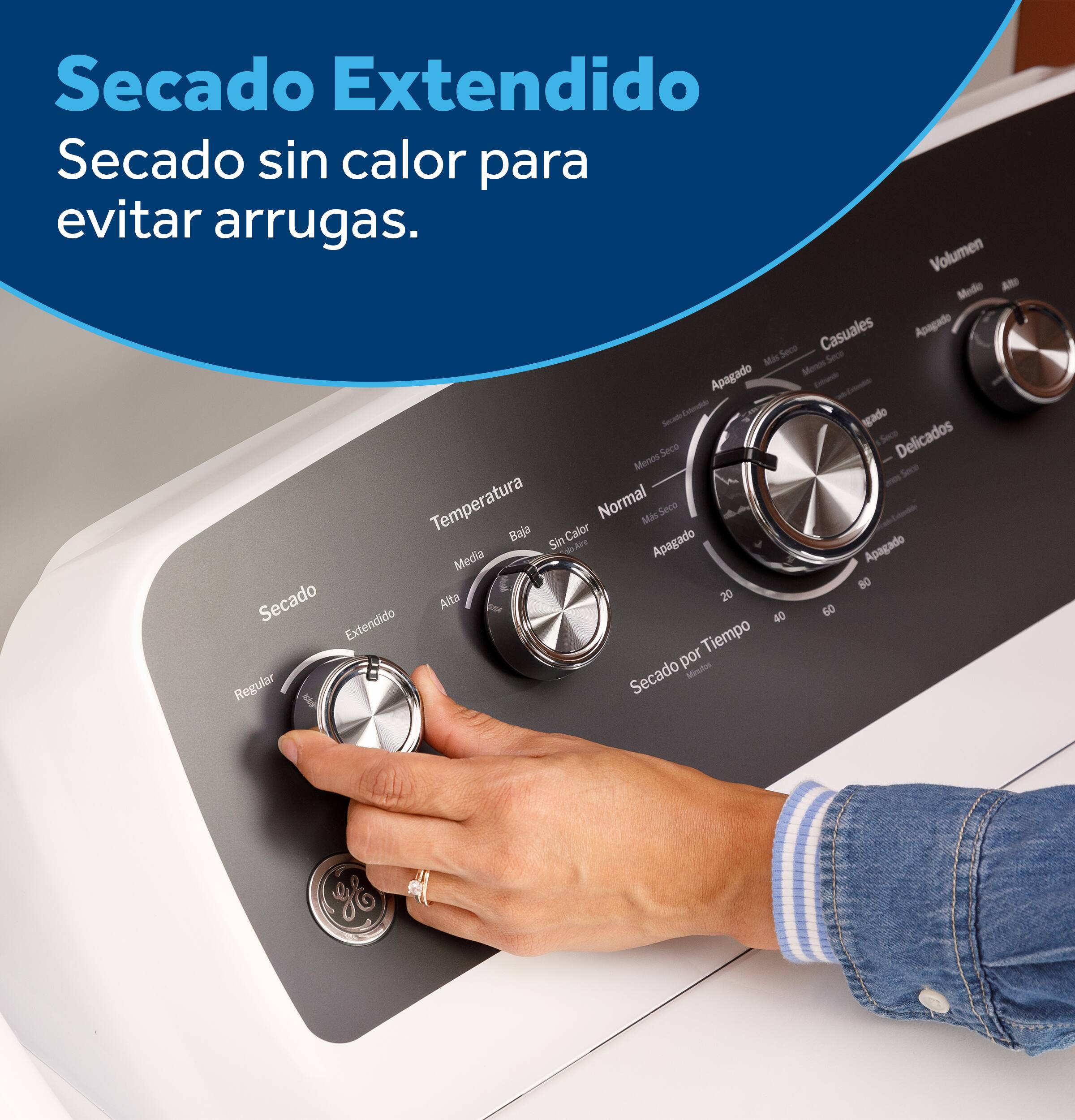 Secado Extendido  
Secado sin calor para evitar arrugas.

Volumen: Medio, Alto, Casuales, Apagado  
Secado: Seco, Menos Seco, Delicados, Apagado  
Temperatura: Baja, Normal, Sin Calor, Media, Alta  
Secado por Tiempo: 20, 40, 60, 80 minutos  
Regular