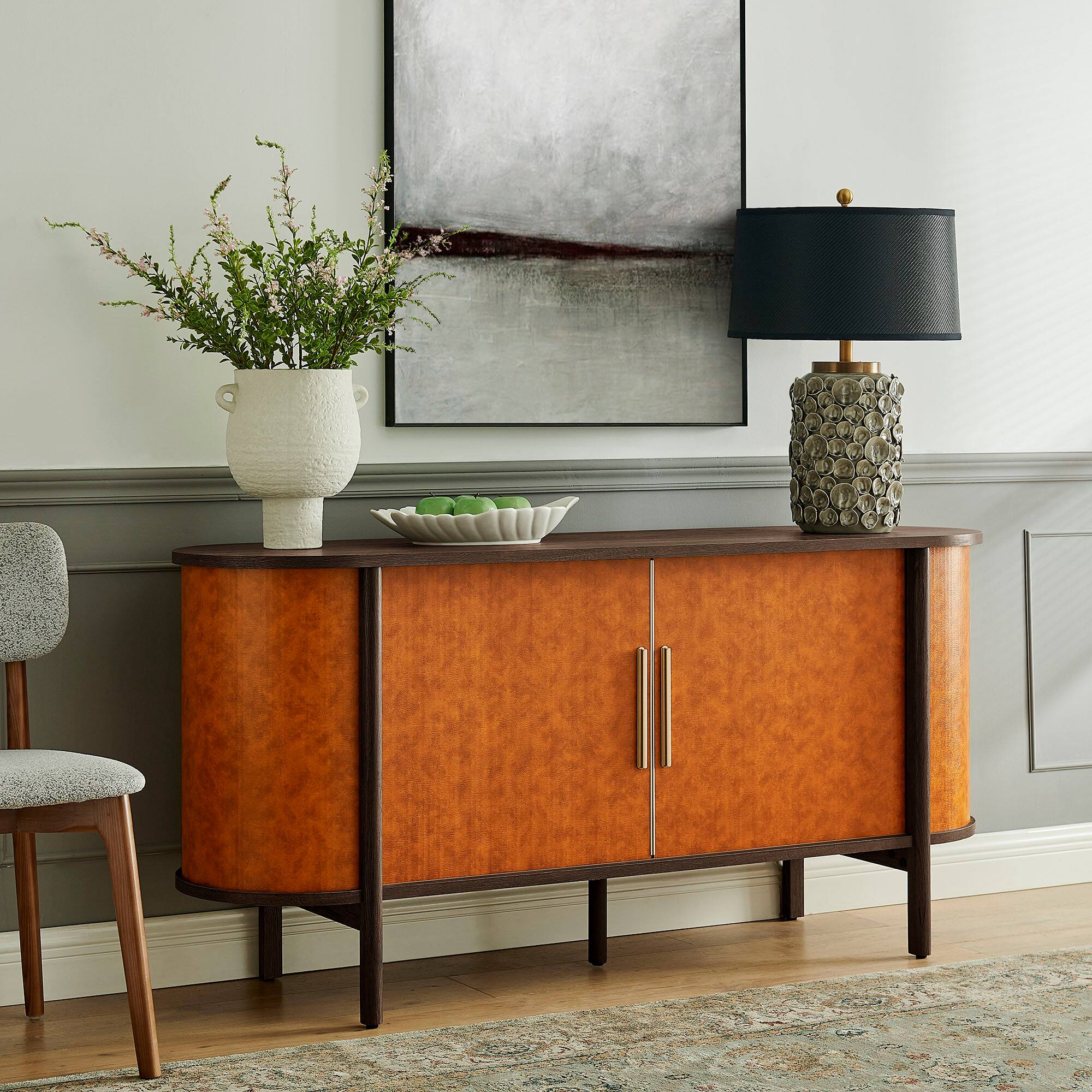 Alt View 1. Modway - Coralie Curved Vegan Leather Oval Sideboard by Modway - Walnut Tan.