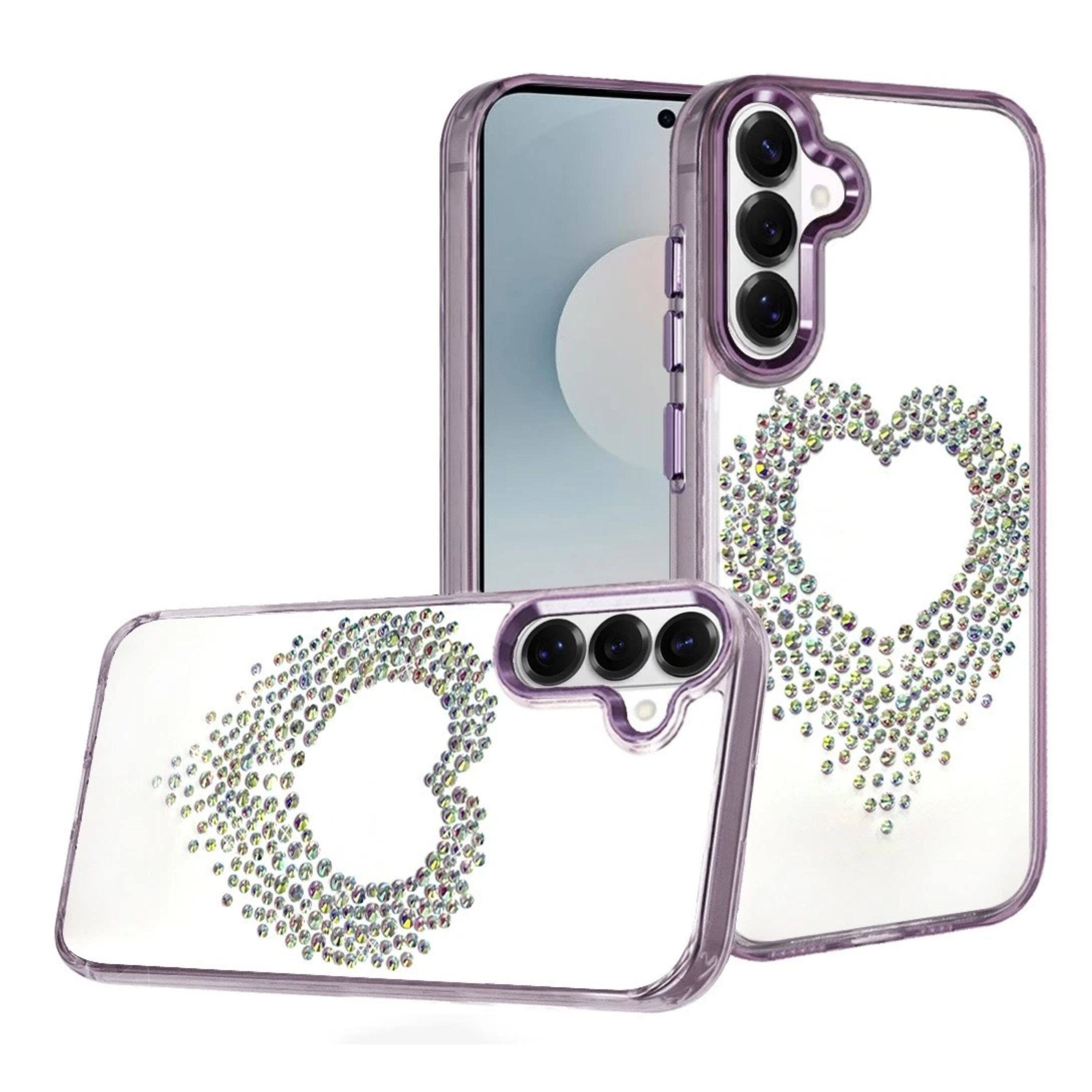 Angle. Kitcheniva - Heart Shaped Rhinestones Clear Phone Case With Tempered Glass For Samsung Galaxy S26 Purple - Purple.