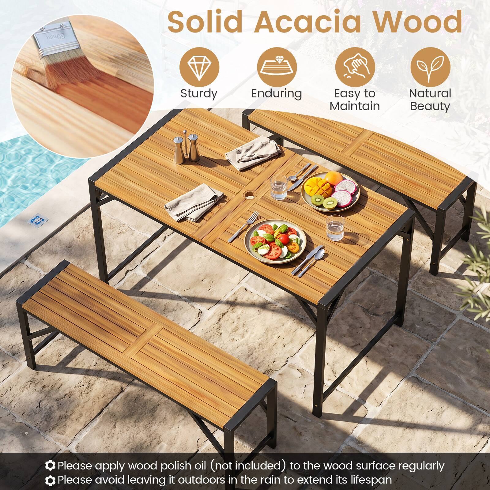 50mm Solid Acacia Wood Sturdy Enduring Easy to Maintain Natural Beauty

Please apply wood polish oil (not included) to the wood surface regularly

Please avoid leaving it outdoors in the rain to extend its lifespan
