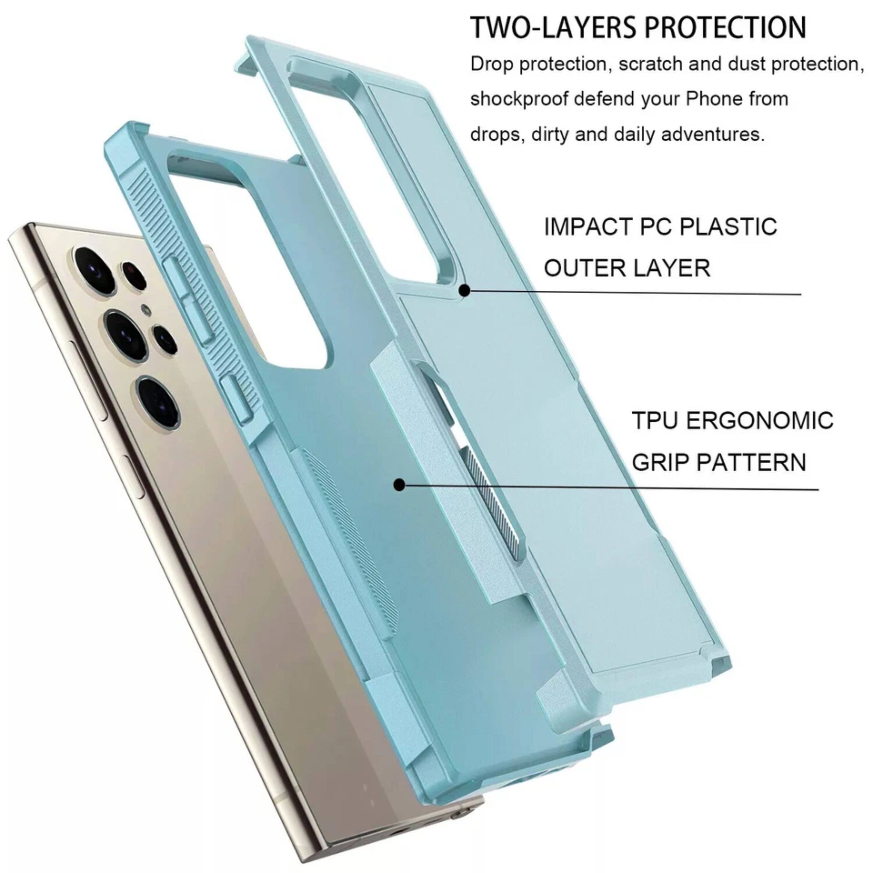 TWO-LAYERS PROTECTION  
Drop protection, scratch and dust protection, shockproof defend your Phone from drops, dirty and daily adventures.  
IMPACT PC PLASTIC OUTER LAYER | TPU ERGONOMIC GRIP PATTERN