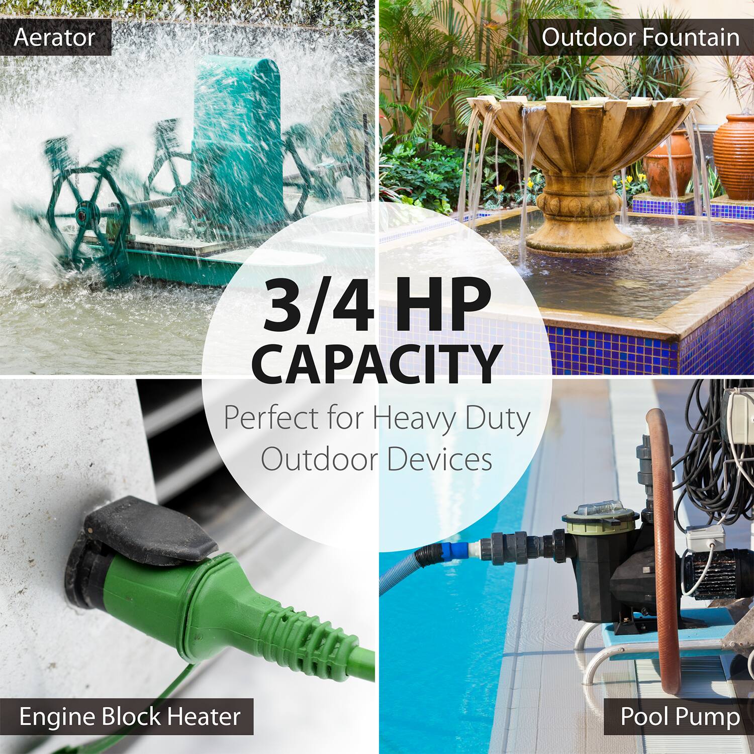 Aerator, Outdoor Fountain, Engine Block Heater, Pool Pump, 3/4 HP CAPACITY, Perfect for Heavy Duty Outdoor Devices