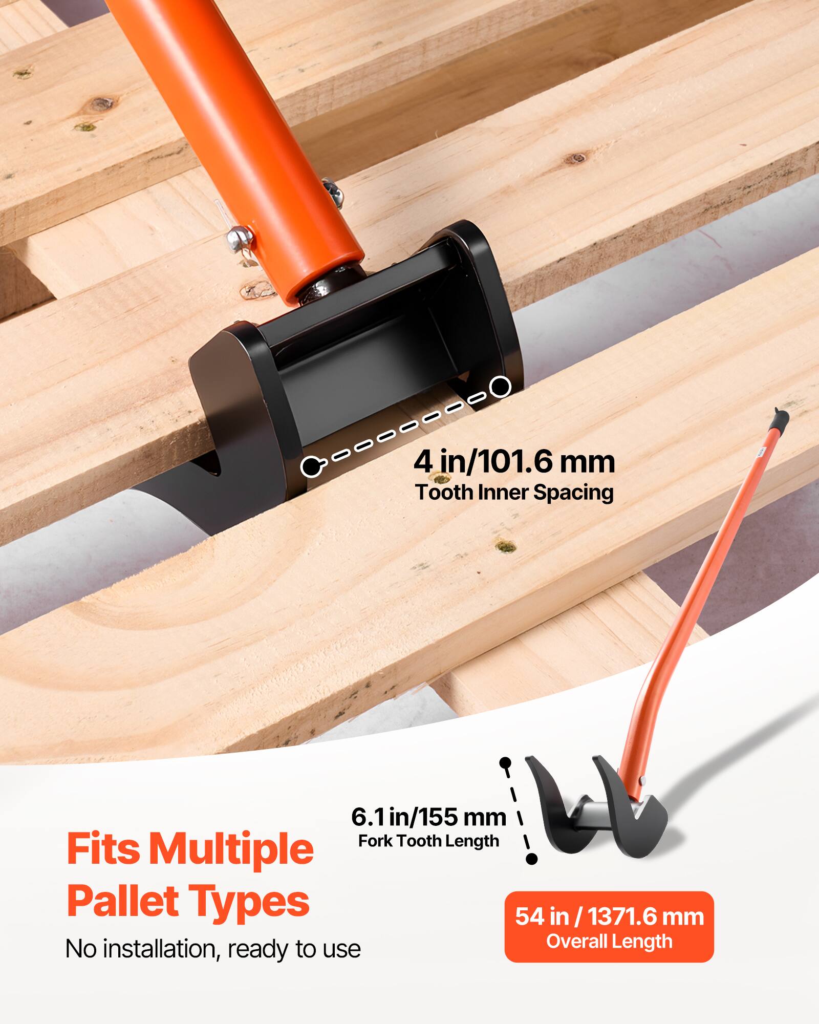 - 4 in/101.6 mm Tooth Inner Spacing
- Fits Multiple Pallet Types
- 6.1 in/155 mm Fork Tooth Length
- 54 in/1371.6 mm Overall Length
- No installation, ready to use