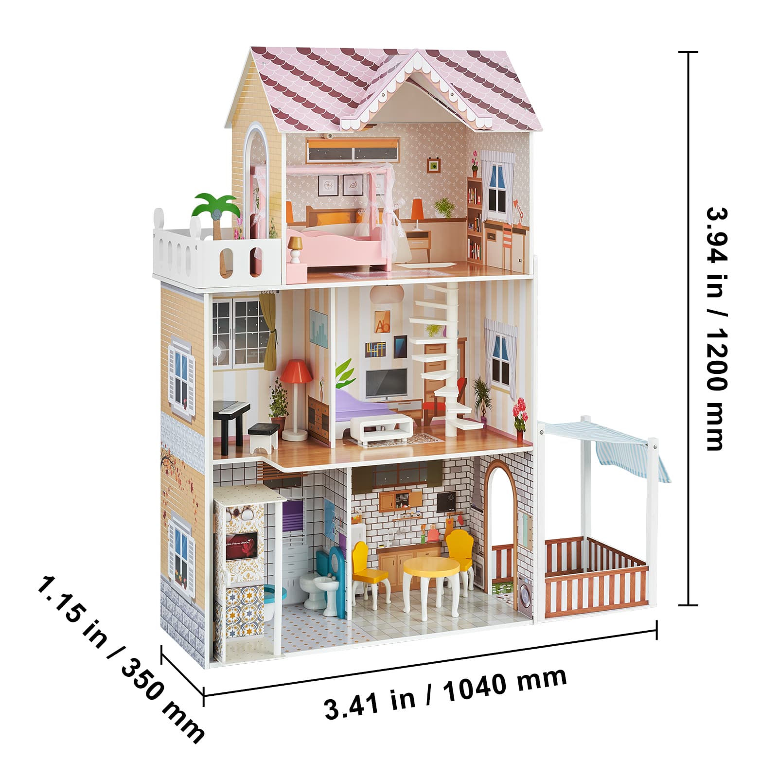 VEVOR Wooden Dollhouse, 7 Rooms Modern Doll House Playset for Kids