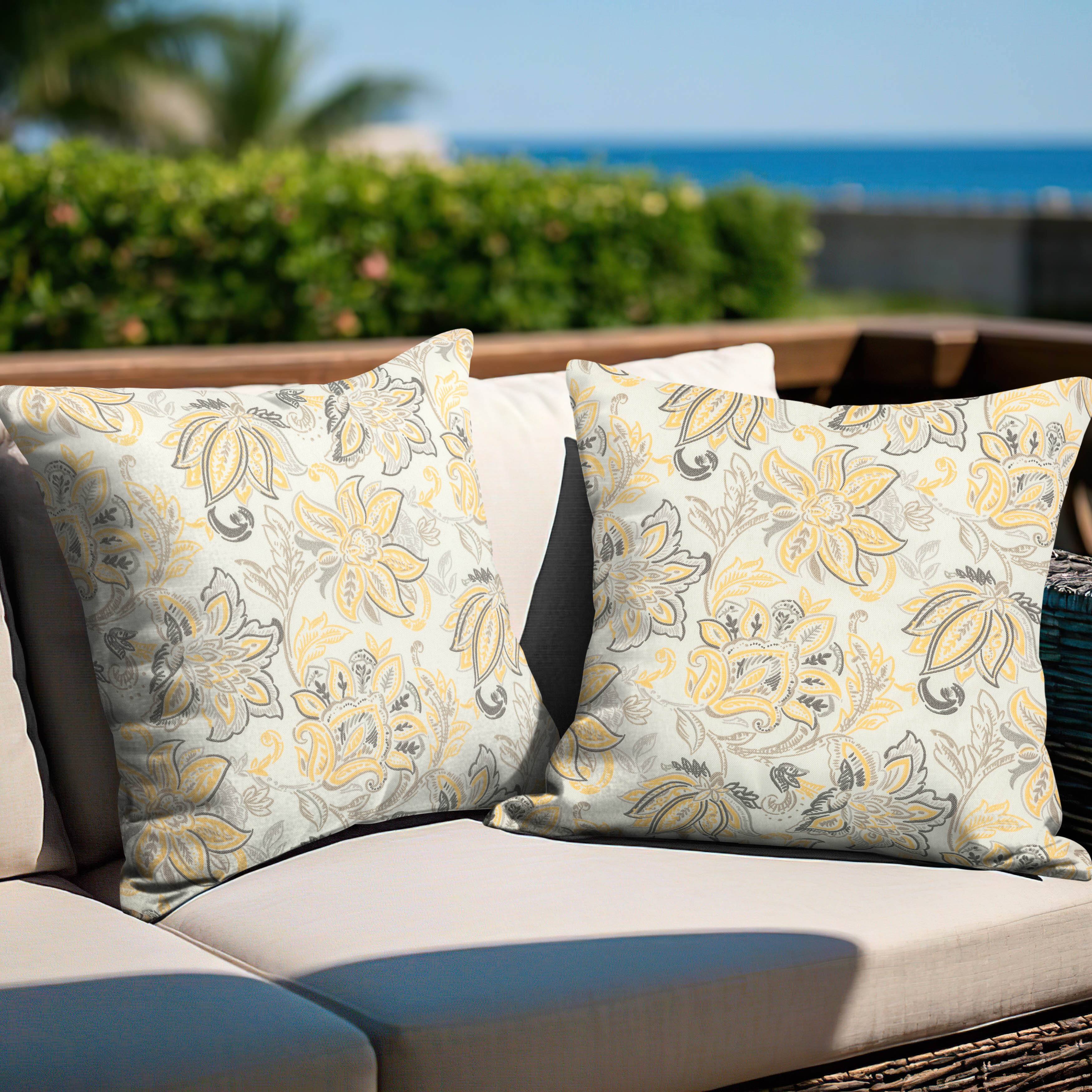 Angle. Nuu Garden - Outdoor Patio Water-Resistant Throw Pillows Set of 2 - Ink Floral Pattern.