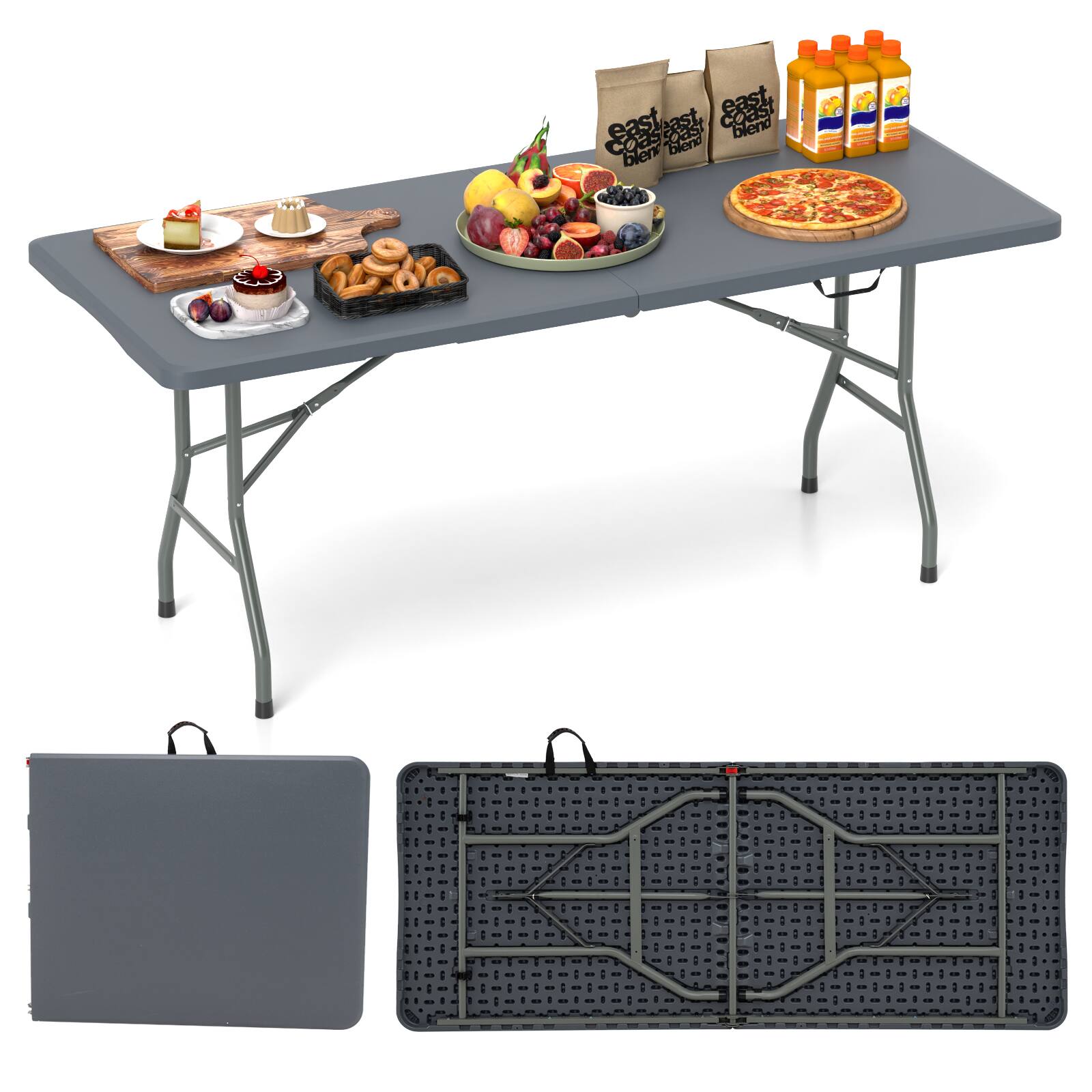 Costway - 6 ft Portable Folding Table with HDPE Tabletop Safe Lock Mechanism Carrying Handle - Gray