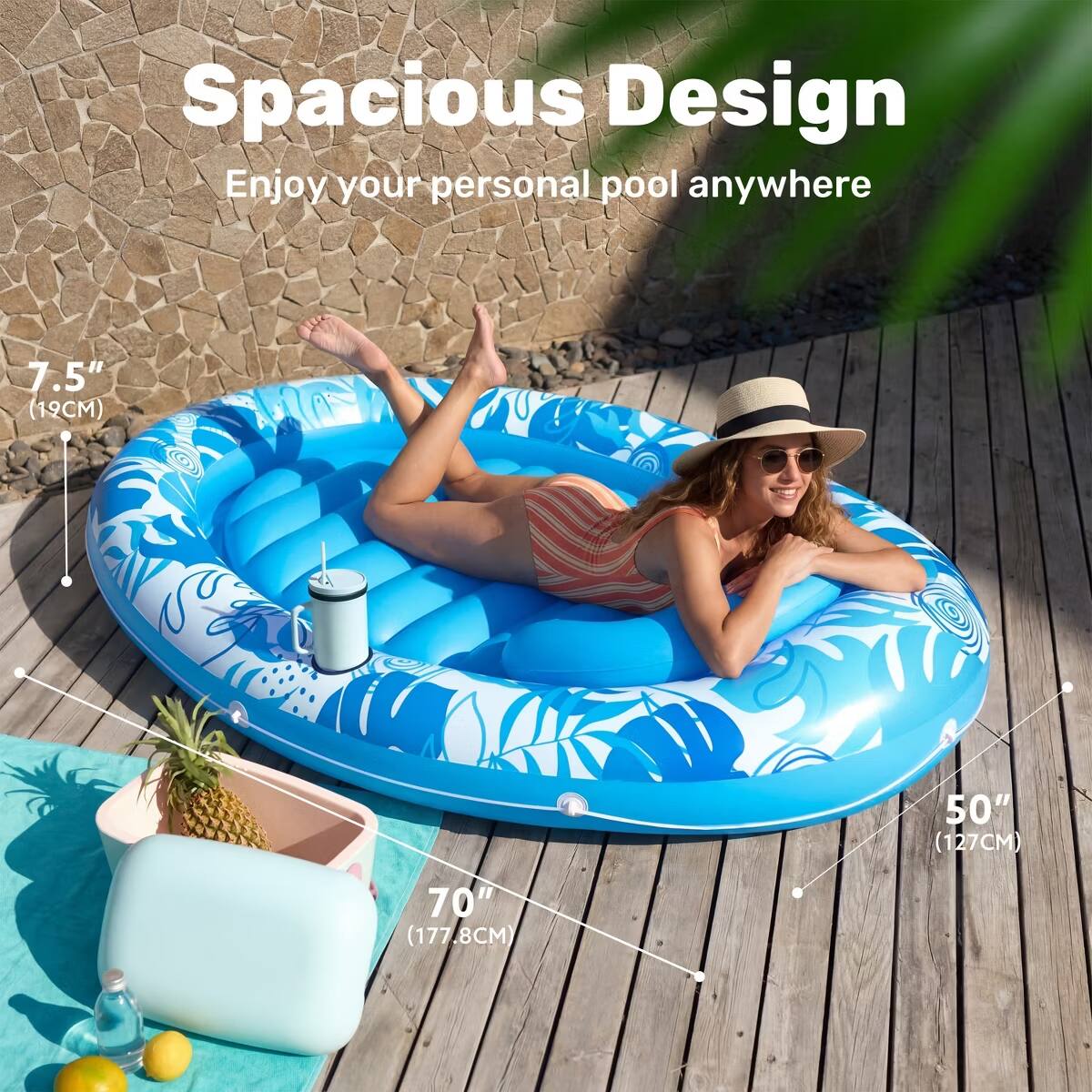 Spacious Design  
Enjoy your personal pool anywhere  

7.5" (19CM)  
50" (127CM)  
70" (177.8CM)