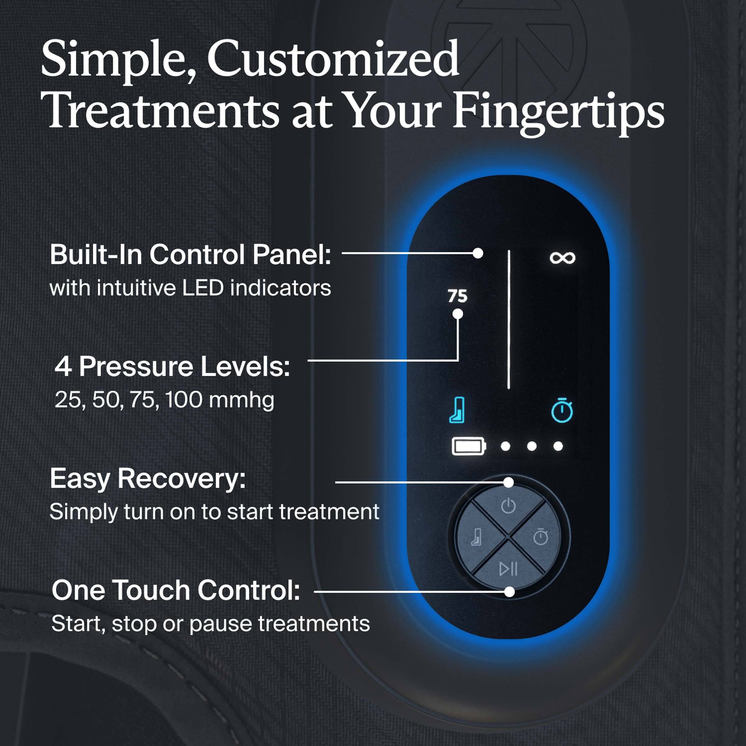 Simple, Customized Treatments at Your Fingertips

- Built-In Control Panel: with intuitive LED indicators
- 4 Pressure Levels: 25, 50, 75, 100 mmhg
- Easy Recovery: Simply turn on to start treatment
- One Touch Control: Start, stop or pause treatments