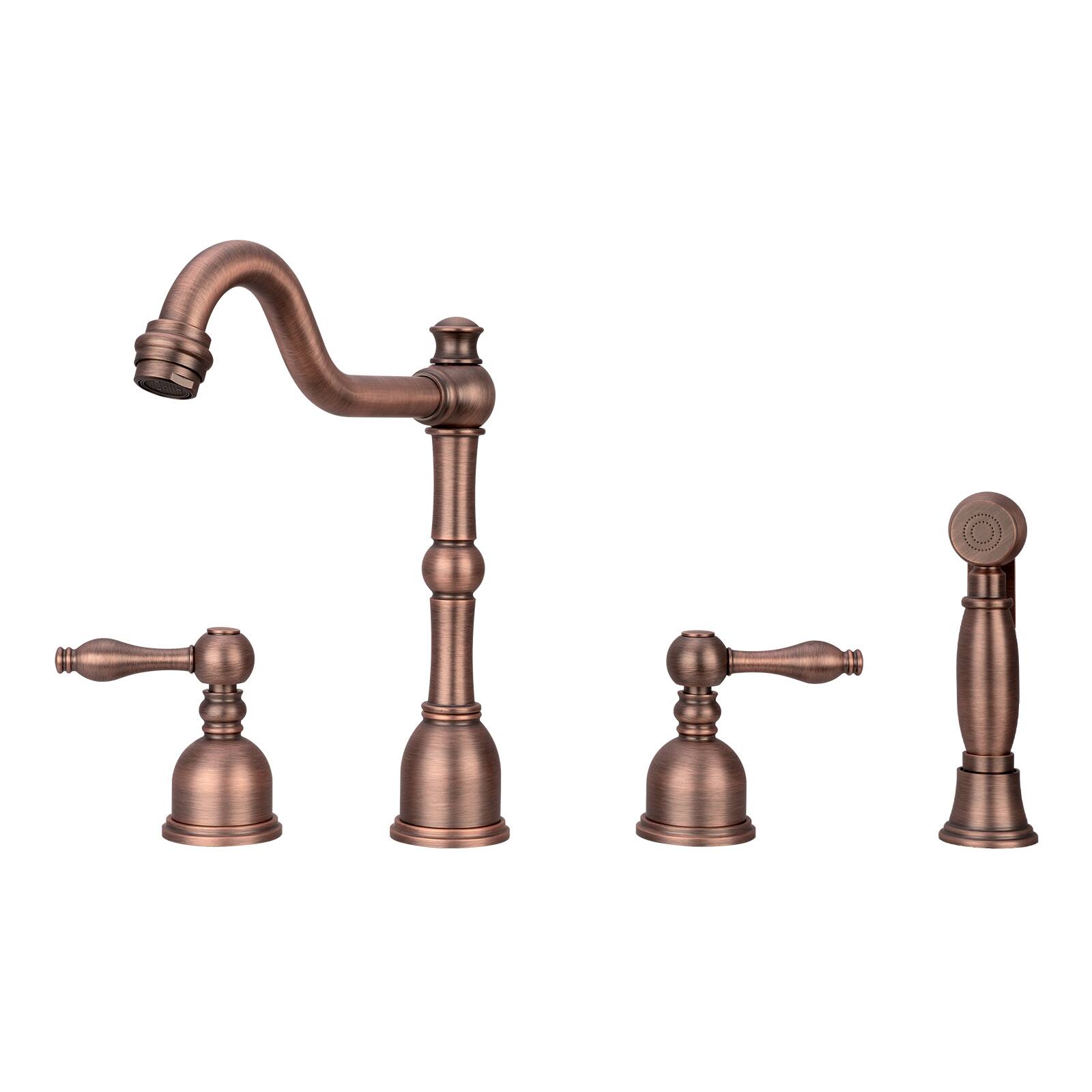 Front. Akicon - Akicon Solid Brass Two-Handles 360° Swivel Widespread Kitchen Faucet with Side Sprayer in Antique Brass - Antique Brass.