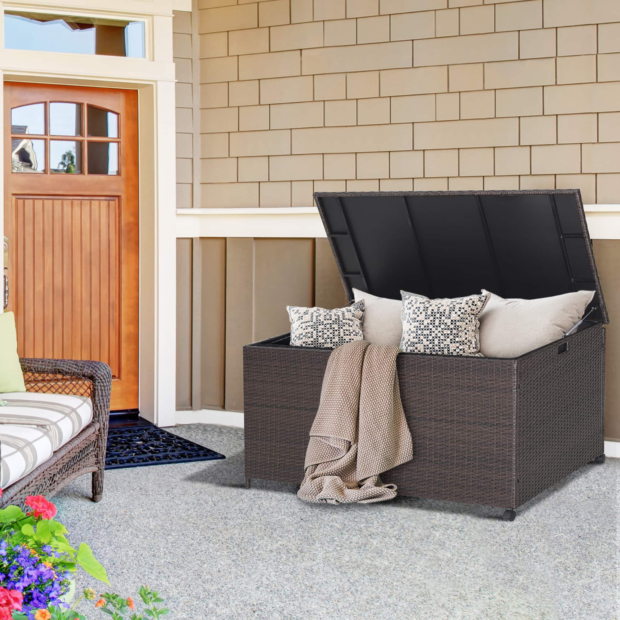 Gymax - 133 Gallon Outdoor PE Wicker Storage Box Rattan Deck w/ Waterproof Liner - Mix Brown