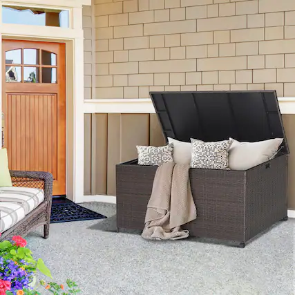 Front. Gymax - Gymax 133 Gallon Outdoor PE Wicker Storage Box Mix Brown Rattan Deck w/ Waterproof Liner - Mix Brown.