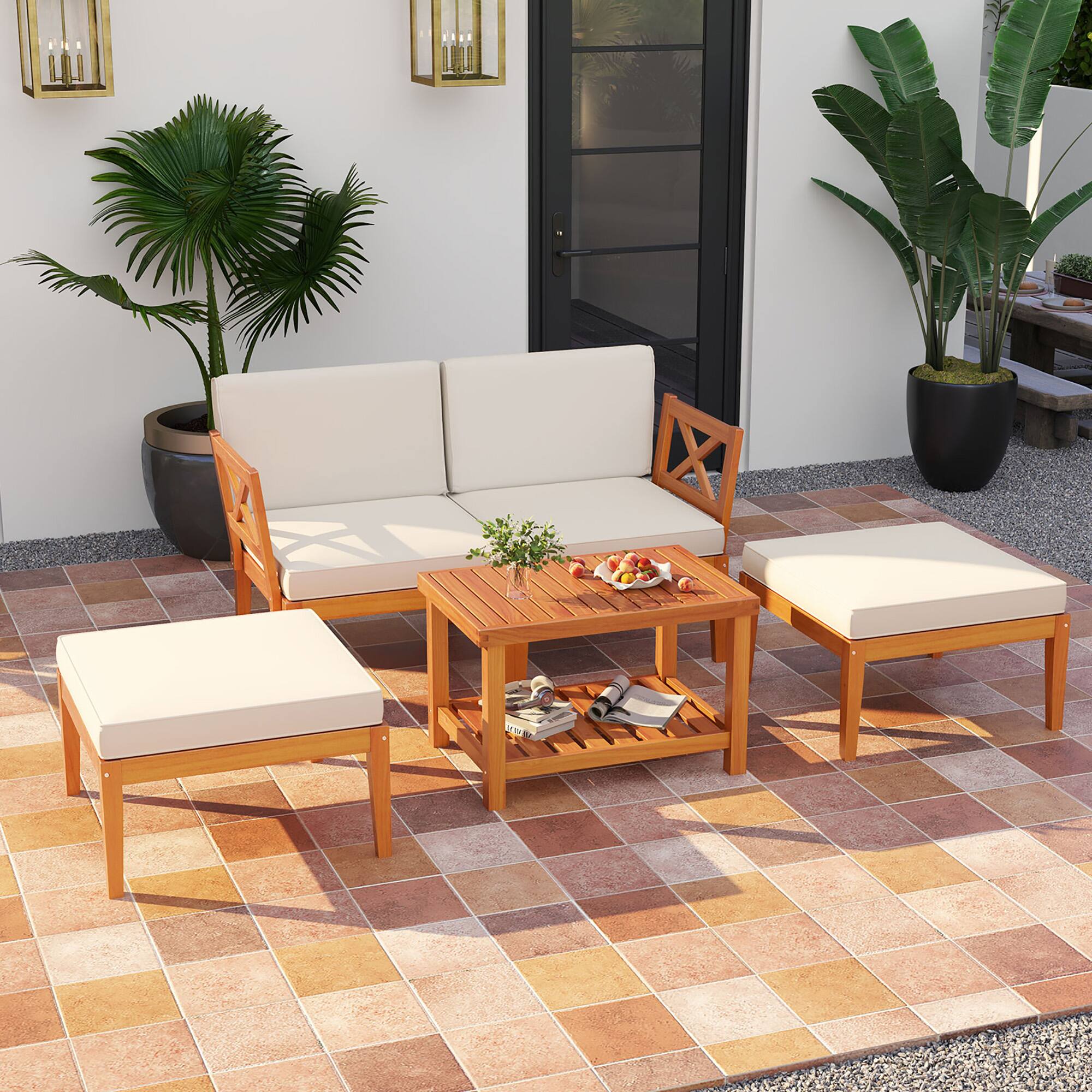 Alt View 1. Gymax - Gymax 5 PCS Acacia Wood Patio Chaise Lounge Chair Set w/ 2-Tier Coffee Table Cushions - Off White.