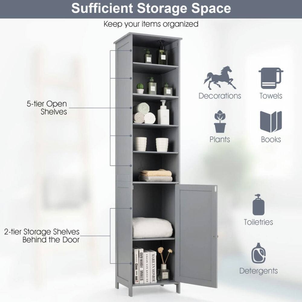 Sufficient Storage Space  
Keep your items organized  

5-tier Open Shelves  
Decorations  
Towels  
Plants  
Books  

2-tier Storage Shelves Behind the Door  
Toiletries  
Detergents