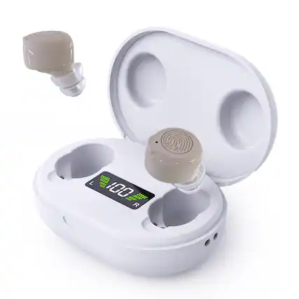 Front. MEDca - Digital Hearing Aids Rechargeable - ITE Hearing Amplifier Set and Sound Assist for Adults and Seniors, Beige - White, Beige.