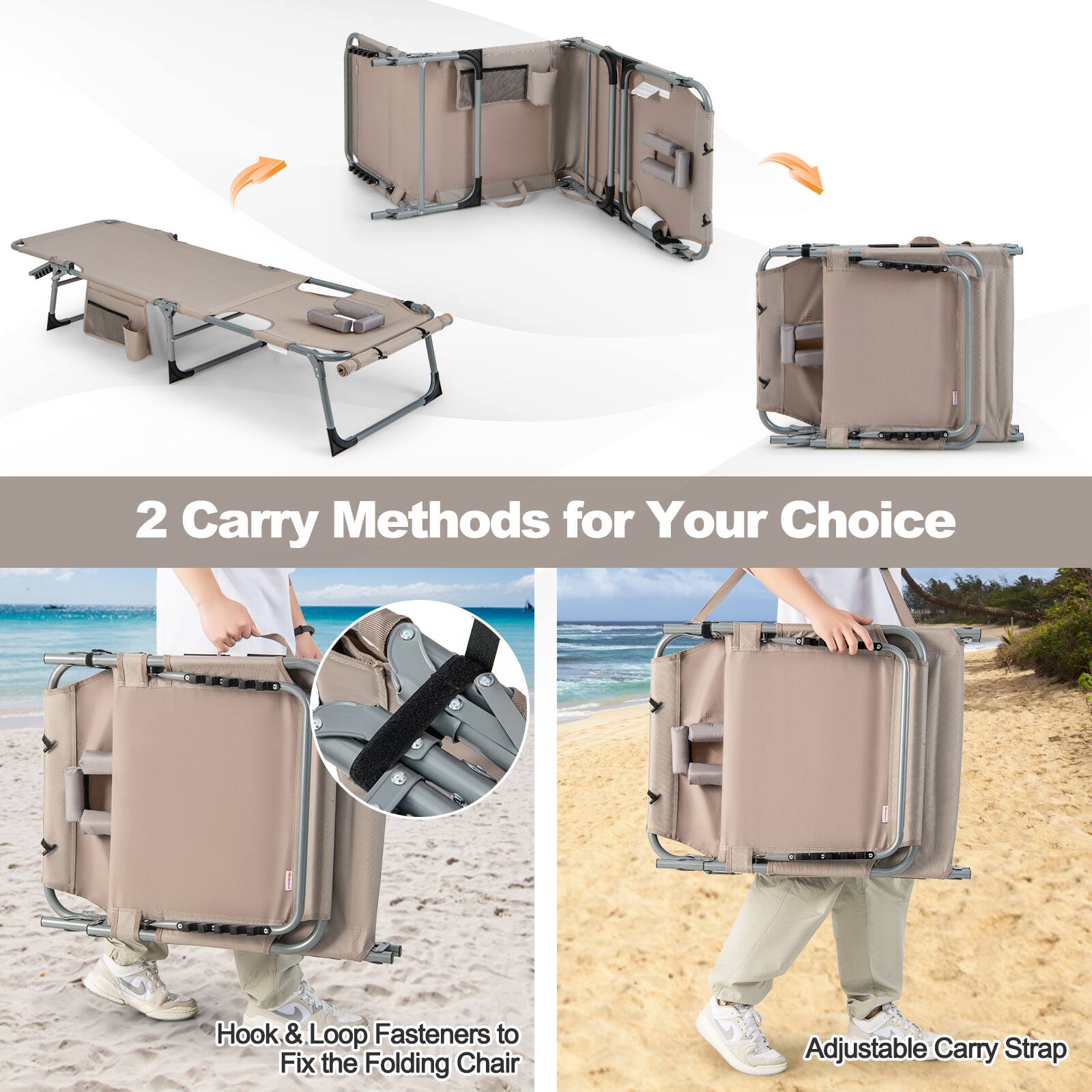 2 Carry Methods for Your Choice

Hook & Loop Fasteners to Fix the Folding Chair

Adjustable Carry Strap