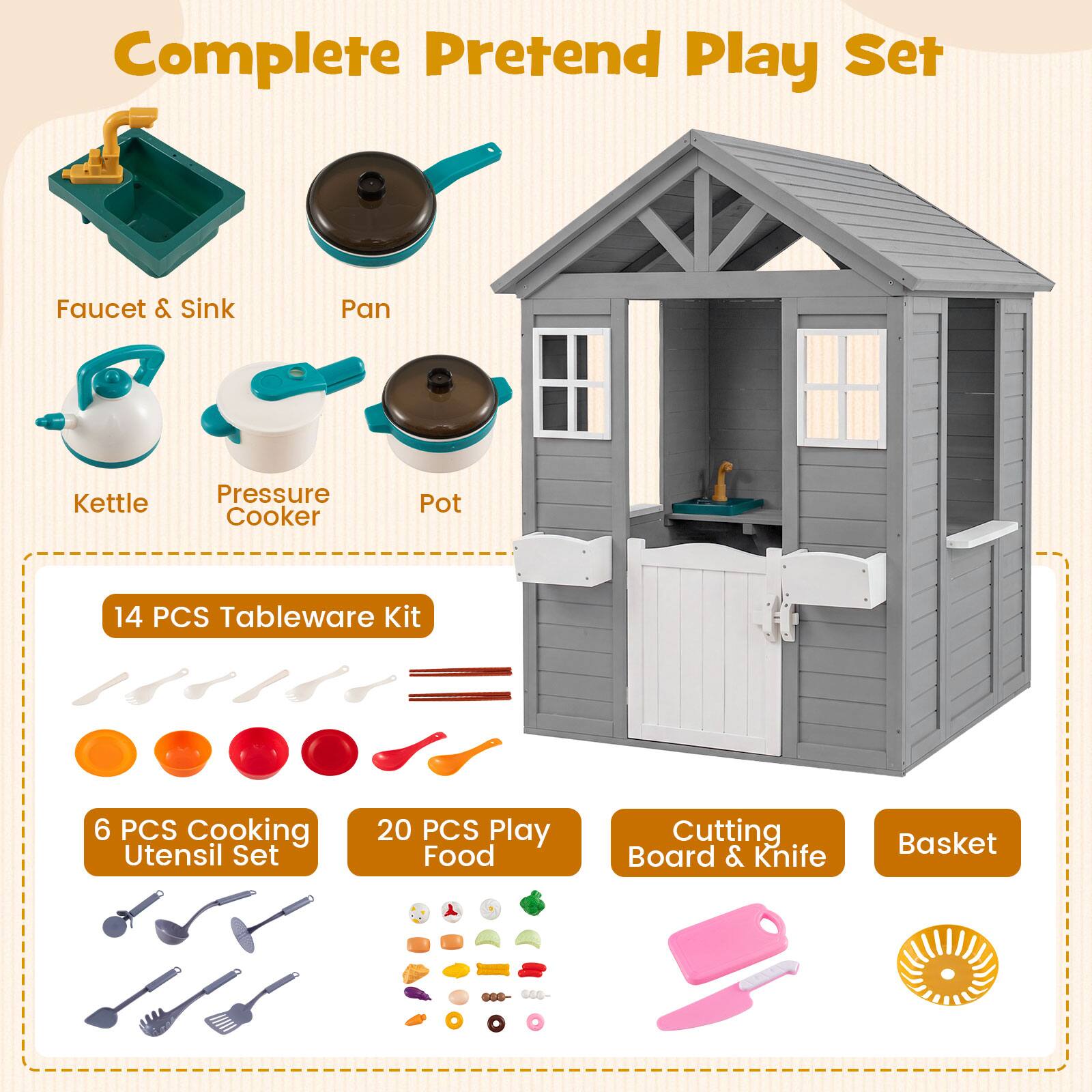 Complete Pretend Play Set Faucet & Sink Pan Kettle Pressure Cooker Pot 14 PCS Tableware Kit 6 PCS Cooking Utensil Set 20 PCS Play Food Cutting Board & Knife Basket