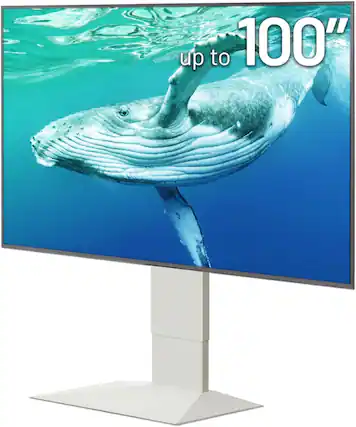 Front. WALL - V4 – Sleek Shallow Floor TV Stand for Extra Large 50-100 Inch, for Living Room and Bedroom, Japan-Engineered Design - Satin White.