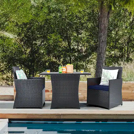 Front. Gymax - Gymax 3PCS Patio Wicker Bistro Set PE Rattan Dining Table Set w/ Navy Cushions - Navy.