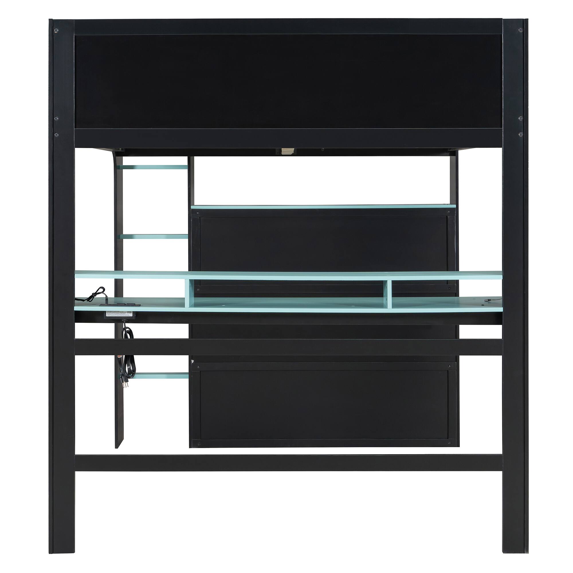 Back. Anysun - Full Size Wood Bunk Bed with height-adjustable Desk,Wardrobe,Ample Storage Space,and RGB Light - Blue.