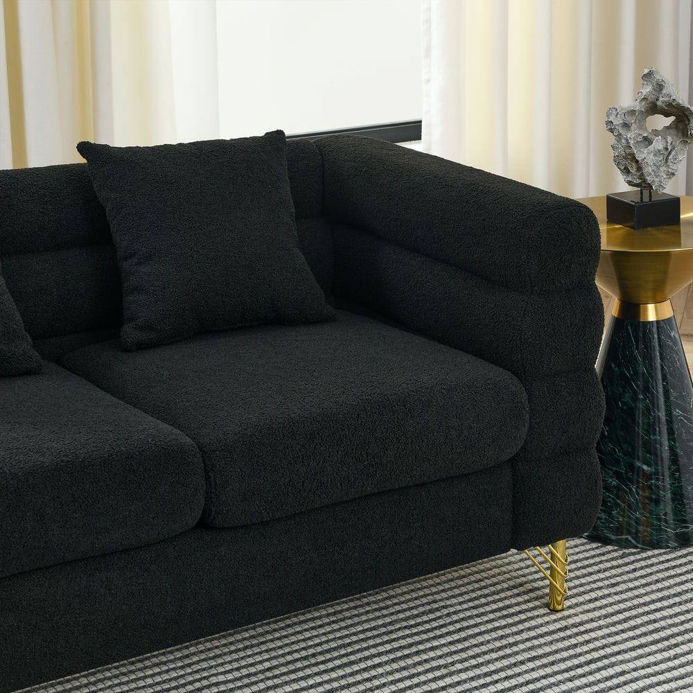 Alt View 2. Kadyn - 60" 2-Person Sectional Sofa, Plush Teddy Fabric with Deep Seating and 2 Included Accent Pillows, Black - Black.