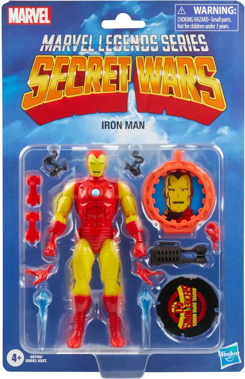 The toy is a part of the Marvel Legends Series Secret Wars Iron Man. It is not suitable for children under 3 years of age due to the presence of small parts that could pose a choking hazard. The toy is manufactured by Hasbro and comes with a disclaimer that it is not intended for children under 4 years old.