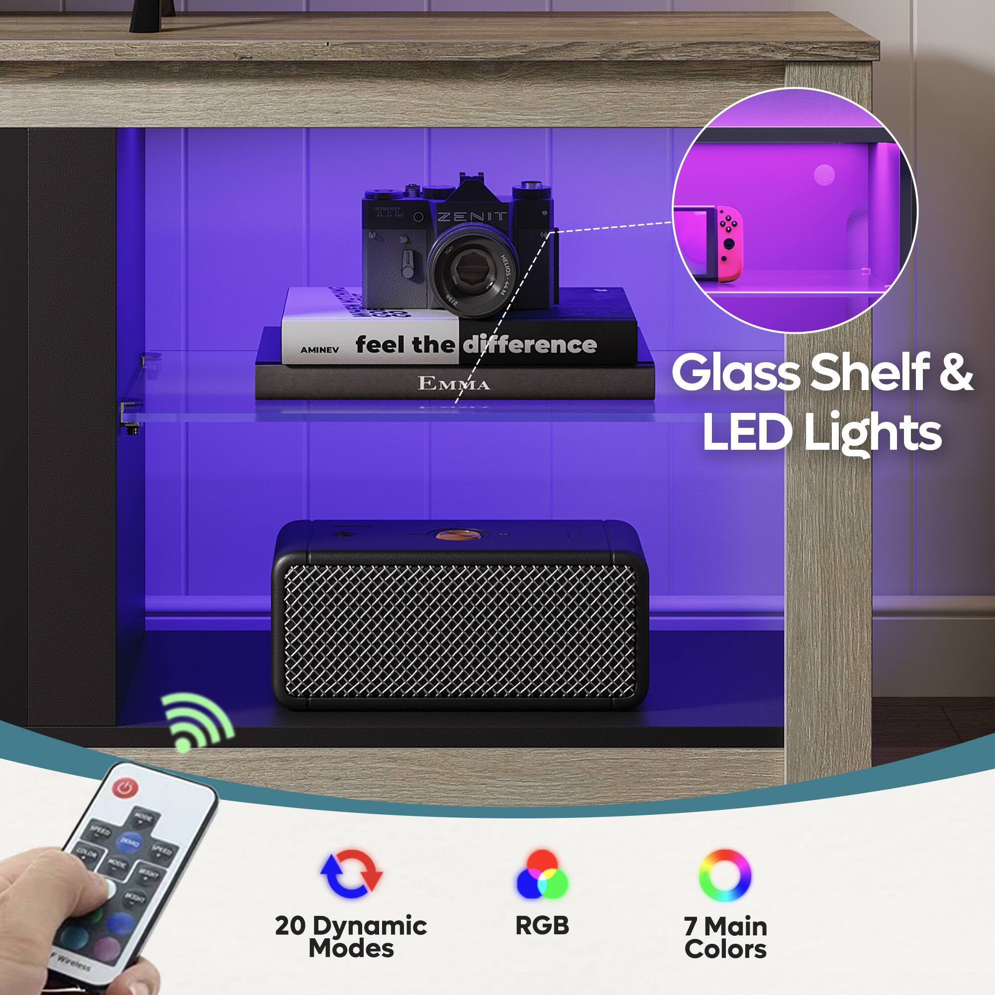 Glass Shelf & LED Lights - Feel the difference - EmmA - 20 Dynamic Modes - RGB - 7 Main Colors