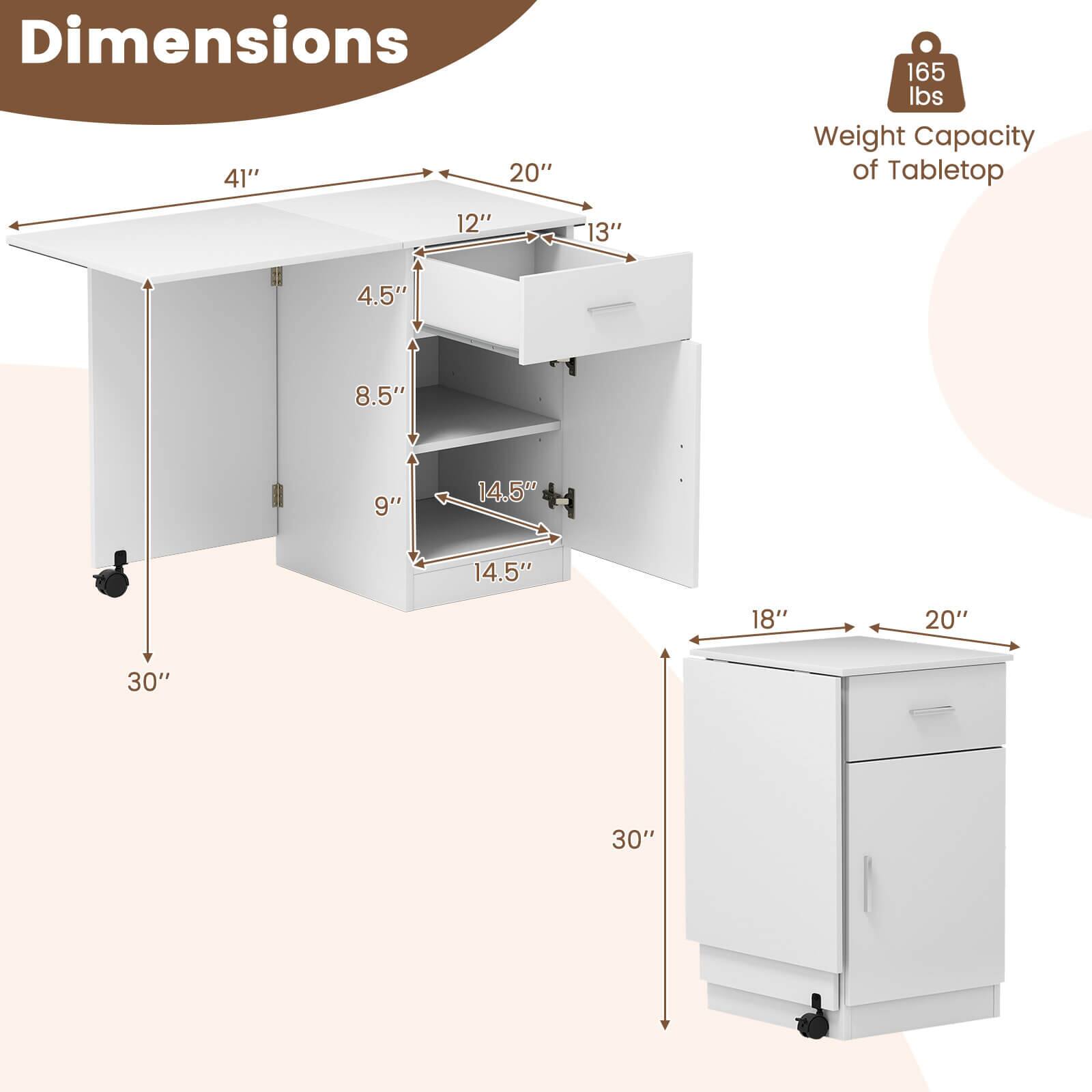 Dimensions: 41" x 20" x 165 lbs. Weight capacity of tabletop: 12" x 13" x 4.5" x 8.5".