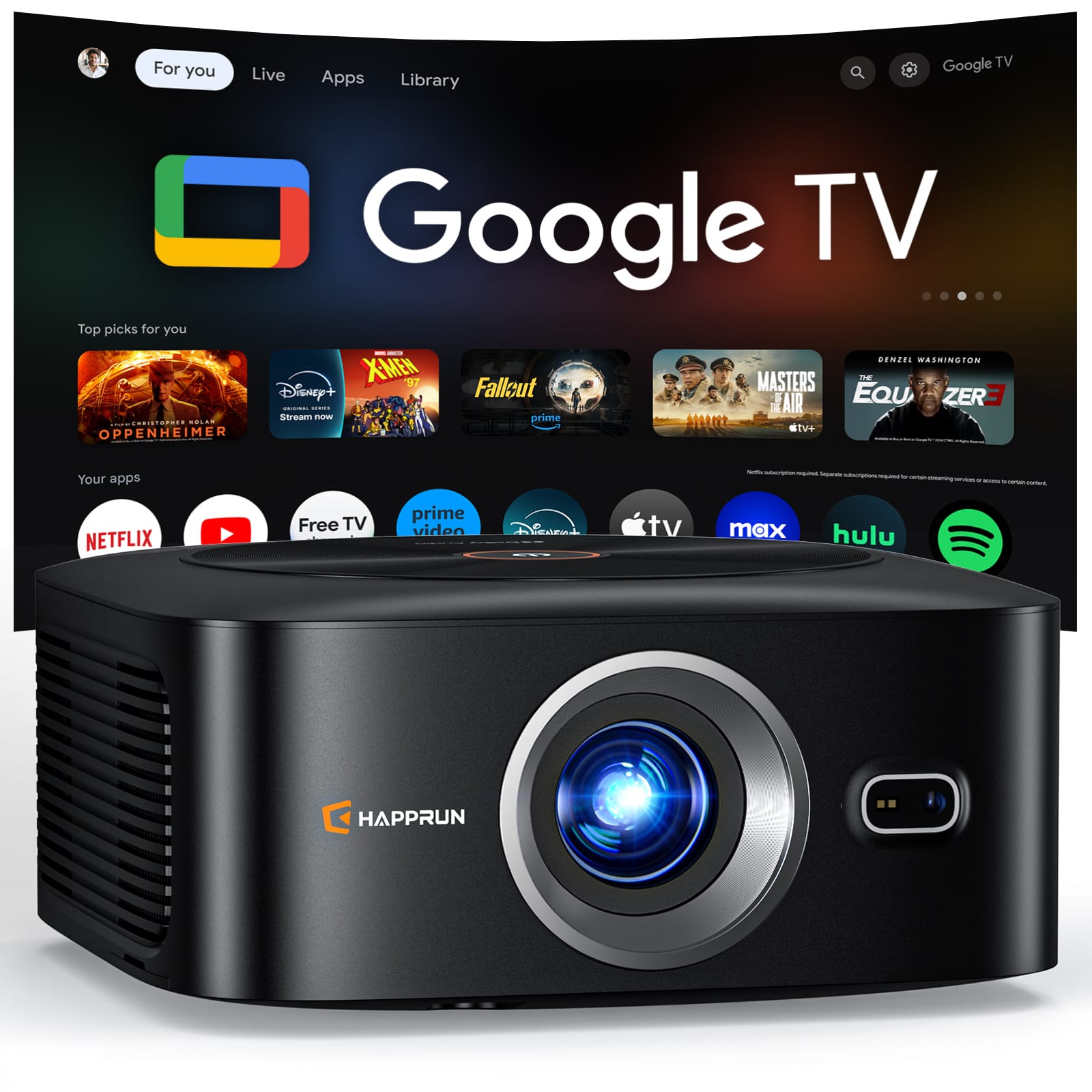 1500 ANSI Google TV Smart Projector, HAPPRUN 1080P 4K Support with Auto Focus, Dolby Audio, WiFi Bluetooth, Indoor Outdo
