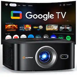 1500 ANSI Google TV Smart Projector, HAPPRUN 1080P 4K Support with Auto Focus, Dolby Audio, WiFi Bluetooth, Indoor Outdo