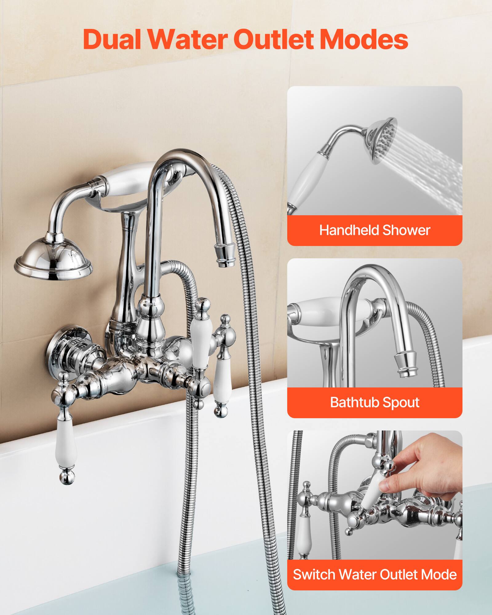 Dual Water Outlet Modes

- Handheld Shower
- Bathtub Spout
- Switch Water Outlet Mode