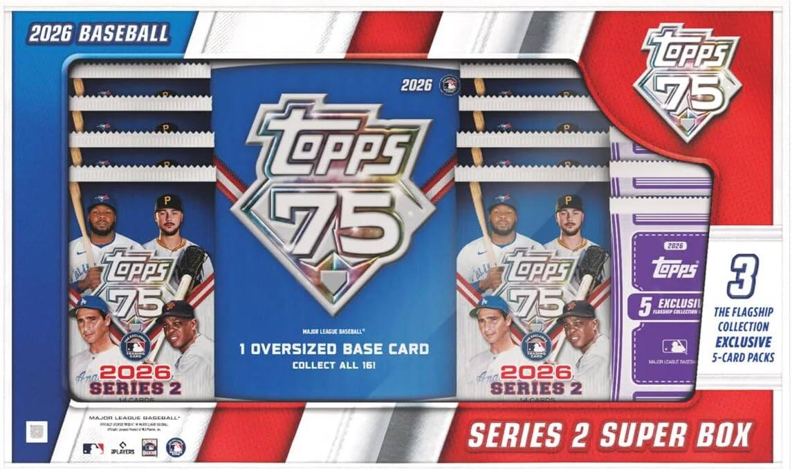 2026 BASEBALL  
Topps 75  
2026 SERIES 2  
1 OVERSIZED BASE CARD  
COLLECT ALL 161!  

Topps 75 2026 SERIES 2  
Topps 75 2026  
3  
5 EXCLUSIVE  
THE FLAGSHIP COLLECTION  
EXCLUSIVE 5-CARD PACKS  

MAJOR LEAGUE BASEBALL  
SERIES 2 SUPER BOX