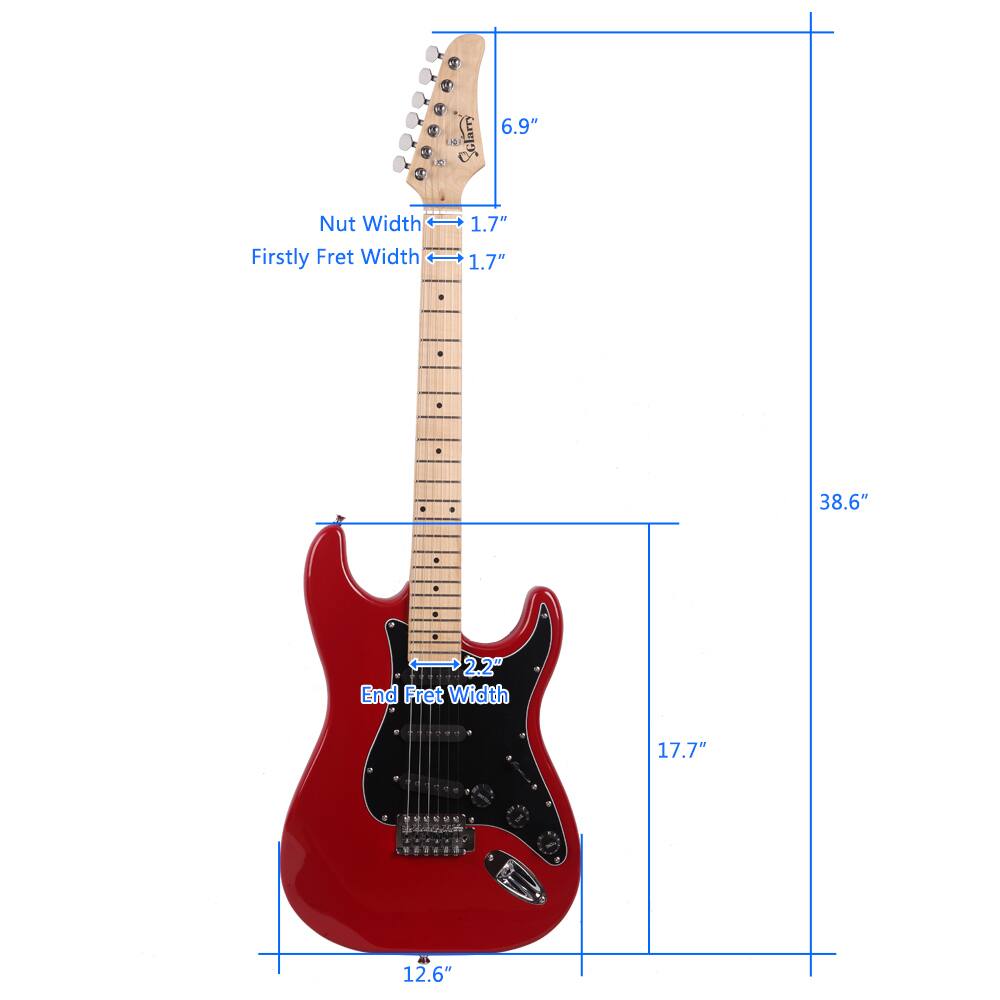 1. Nut Width: 1.7"
2. Firstly Fret Width: 1.7"
3. End Fret Width: 2.2"
4. Neck Length: 38.6"
5. Body Length: 17.7"
6. Body Width: 12.6"